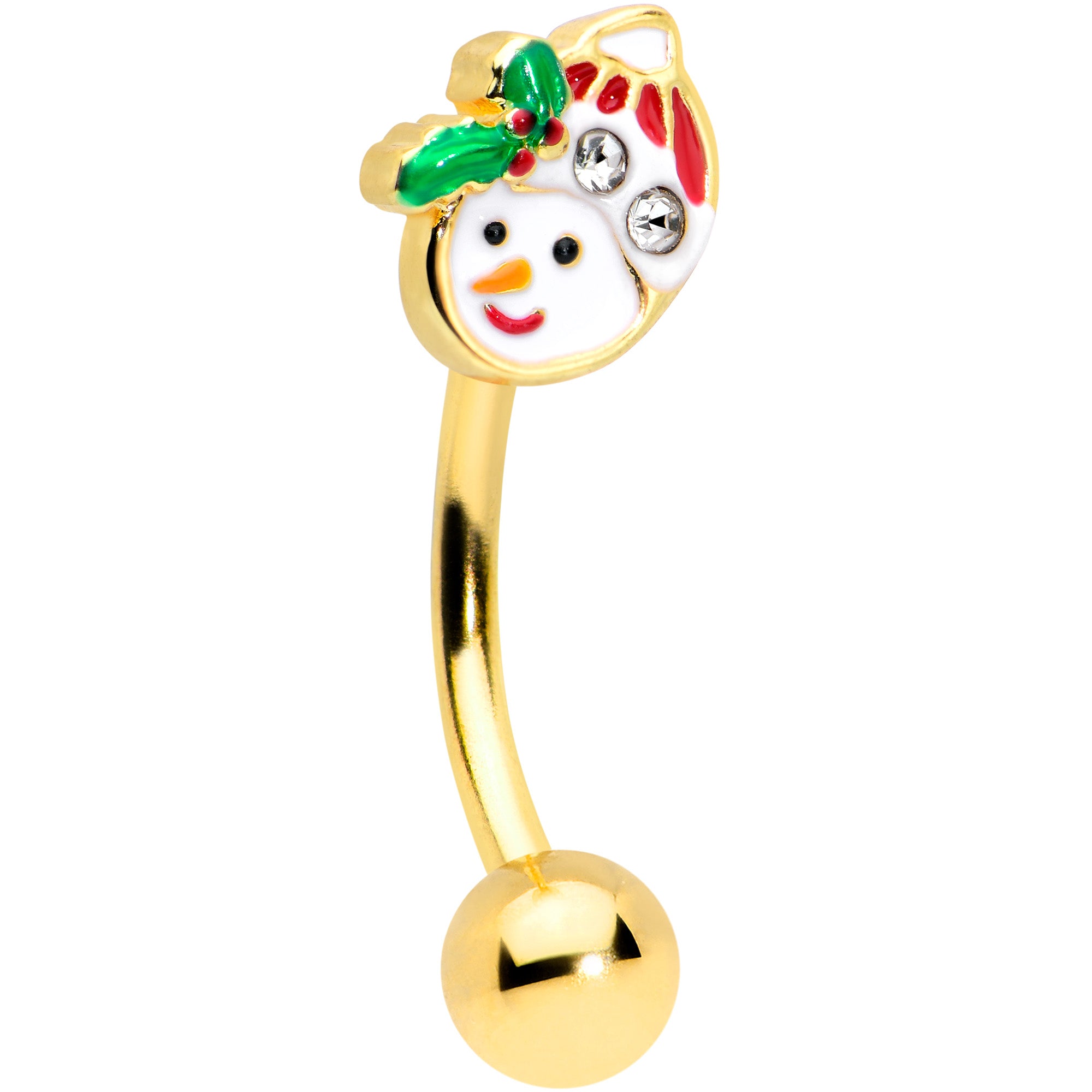 16G 5/16 Clear Gem Gold Tone Happy Snowman Curved Eyebrow Ring