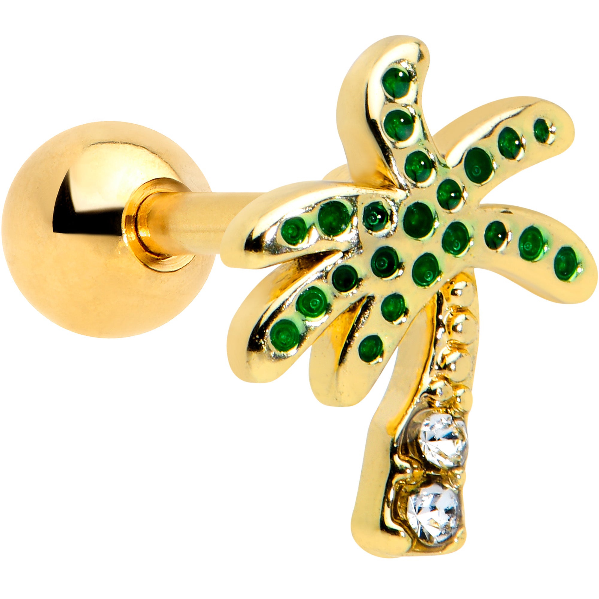 16G 1/4 Clear Gem Gold Tone Retro Palm Tree Cartilage Tragus