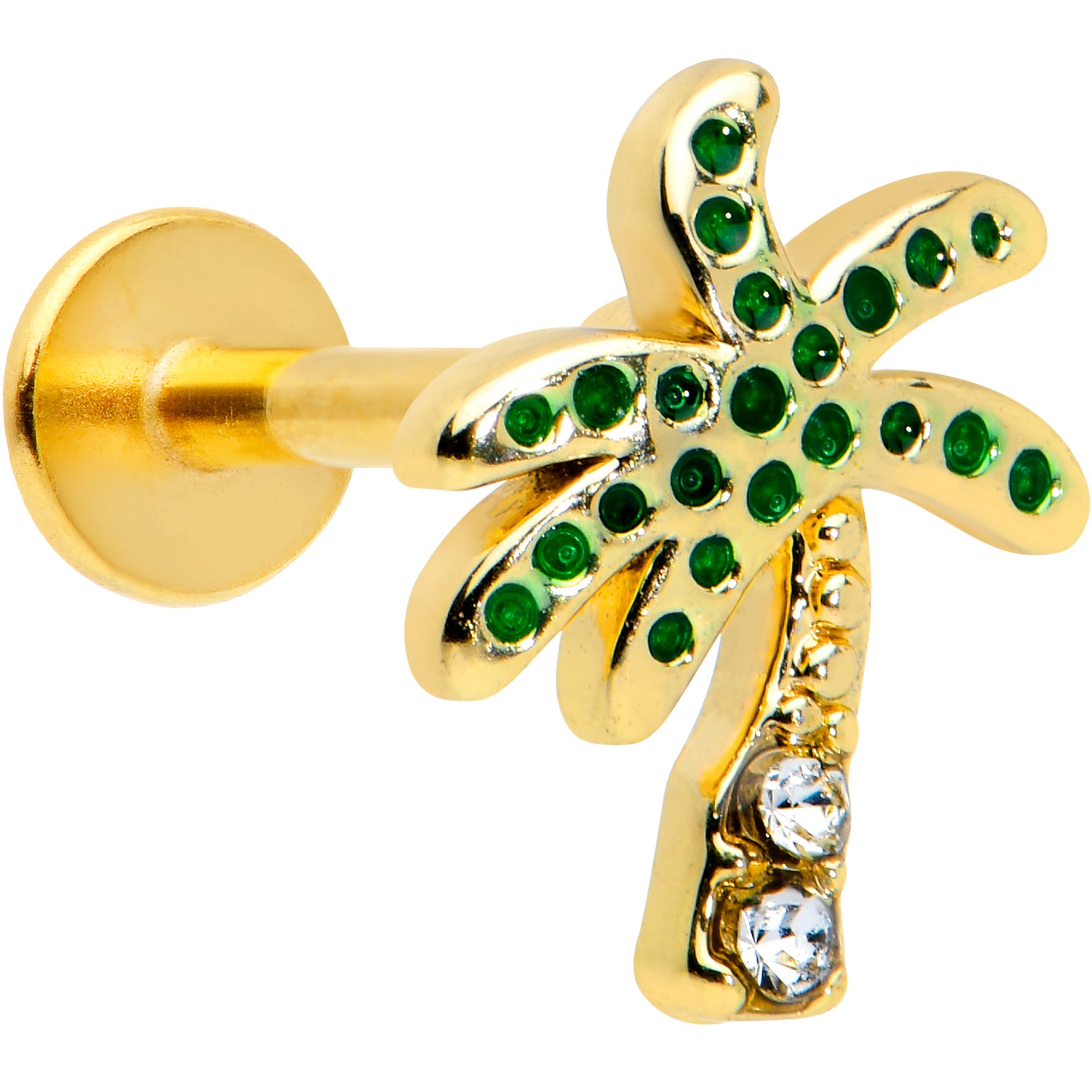 16G 5/16 Clear Gem Gold Tone Retro Palm Tree Labret Monroe Tragus