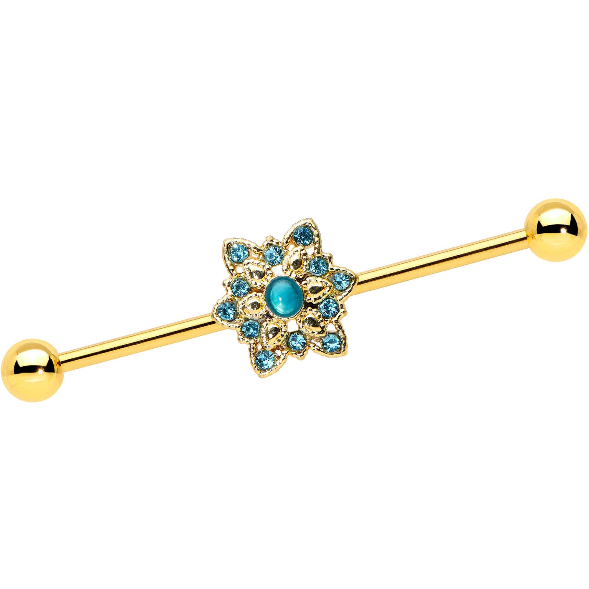 14G Blue Gem Gold Hue Snowflake Christmas Industrial Barbell 38mm