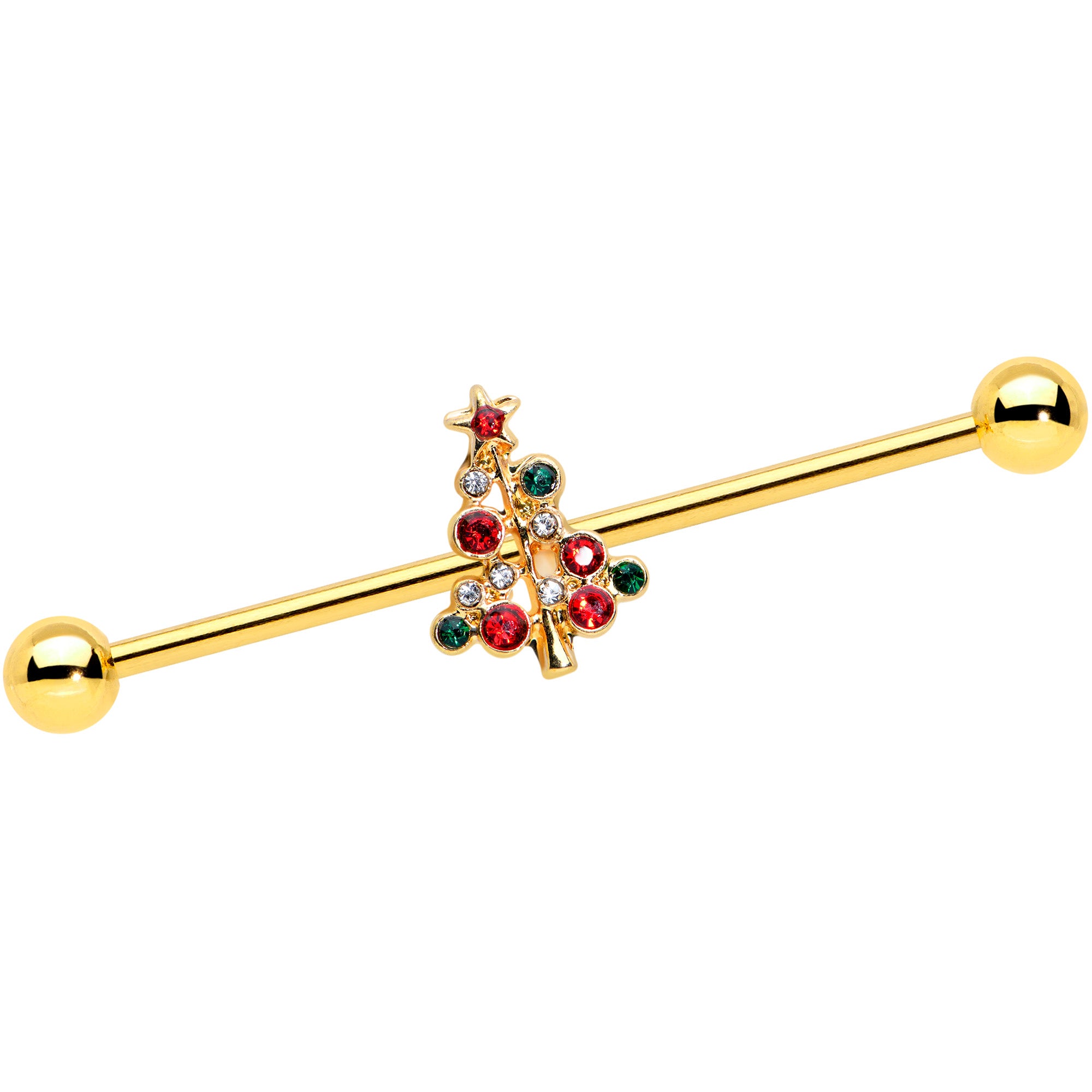 14G Red Gem Gold Tone Christmas Tree Industrial Barbell 38mm