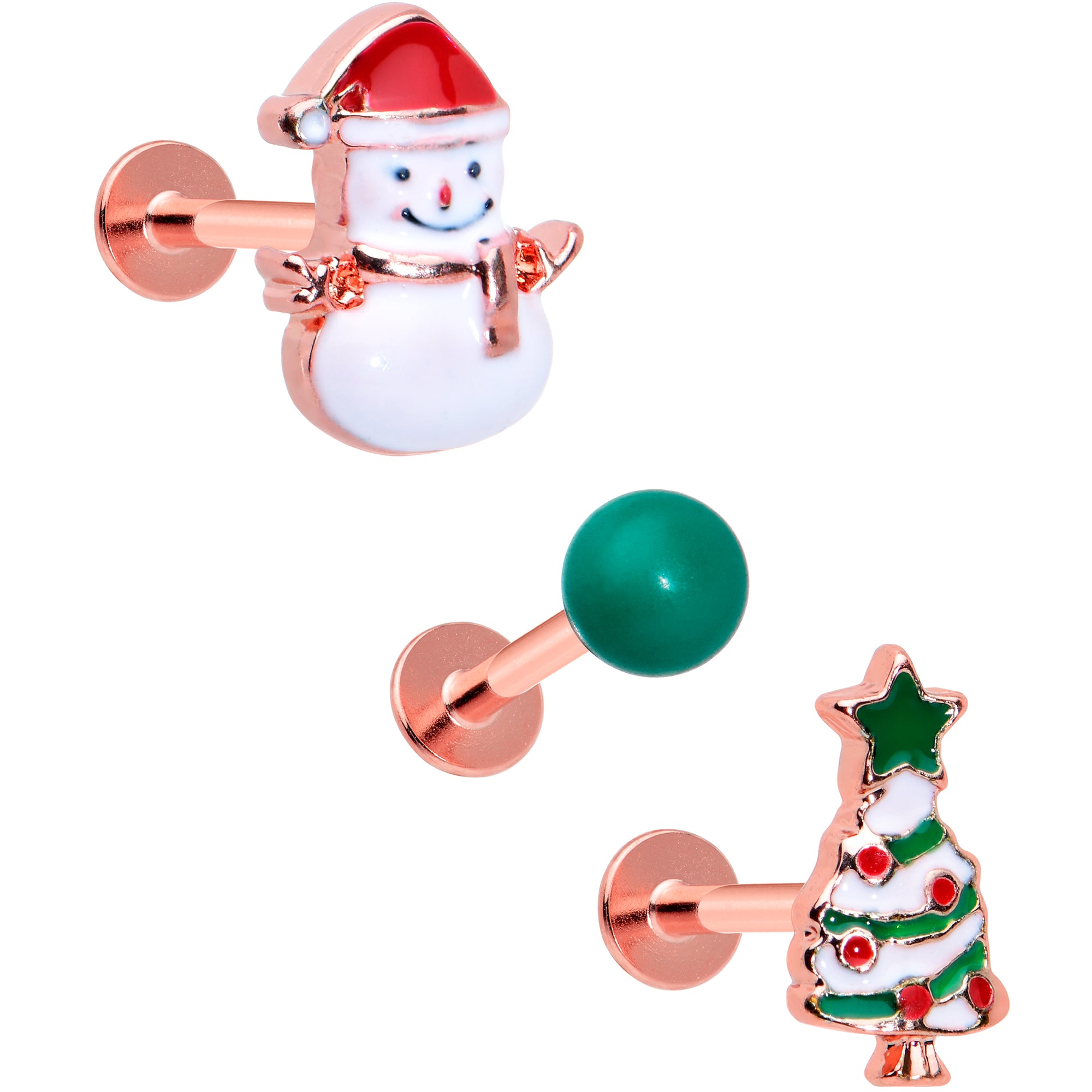 16G 5/16 Red Gem Rose Gold Tone Snowman Christmas Labret Set of 3
