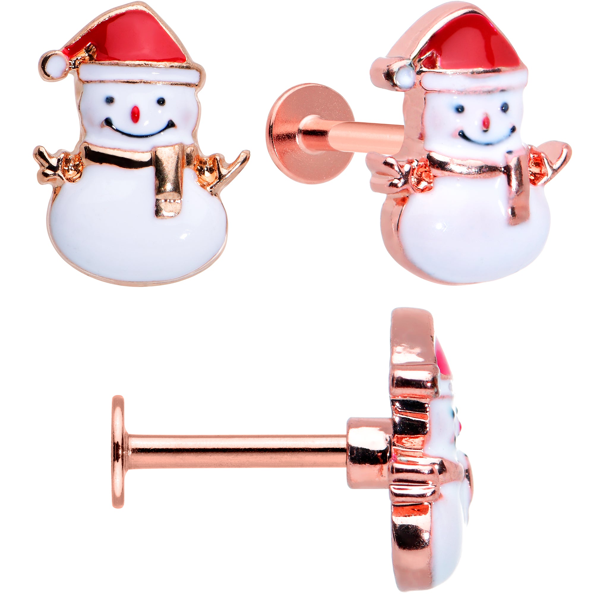 16G 5/16 Red Gem Rose Gold Tone Snowman Christmas Labret Set of 3