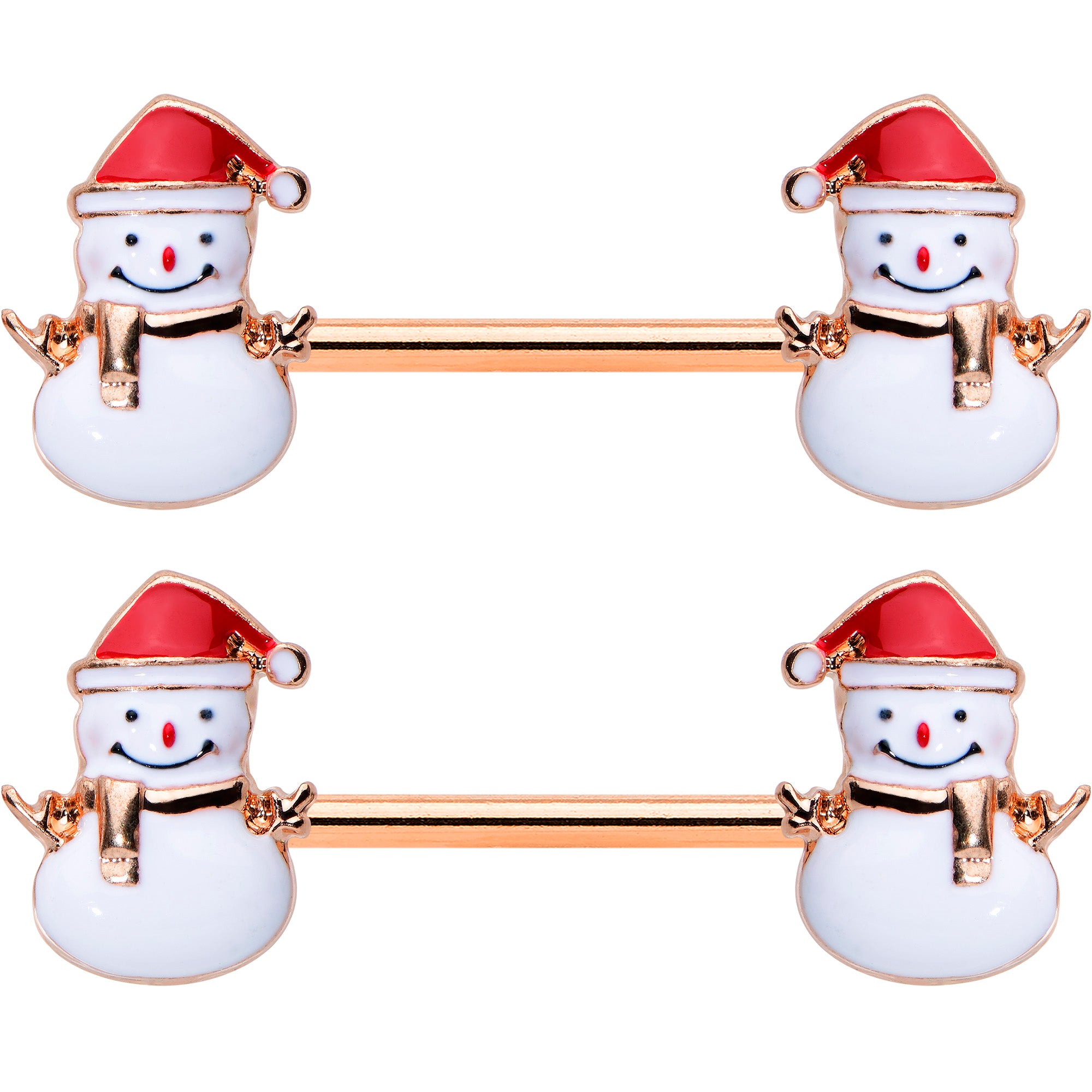 14G 9/16 Rose Gold Tone Smiling Snowman Christmas Nipple Ring Set