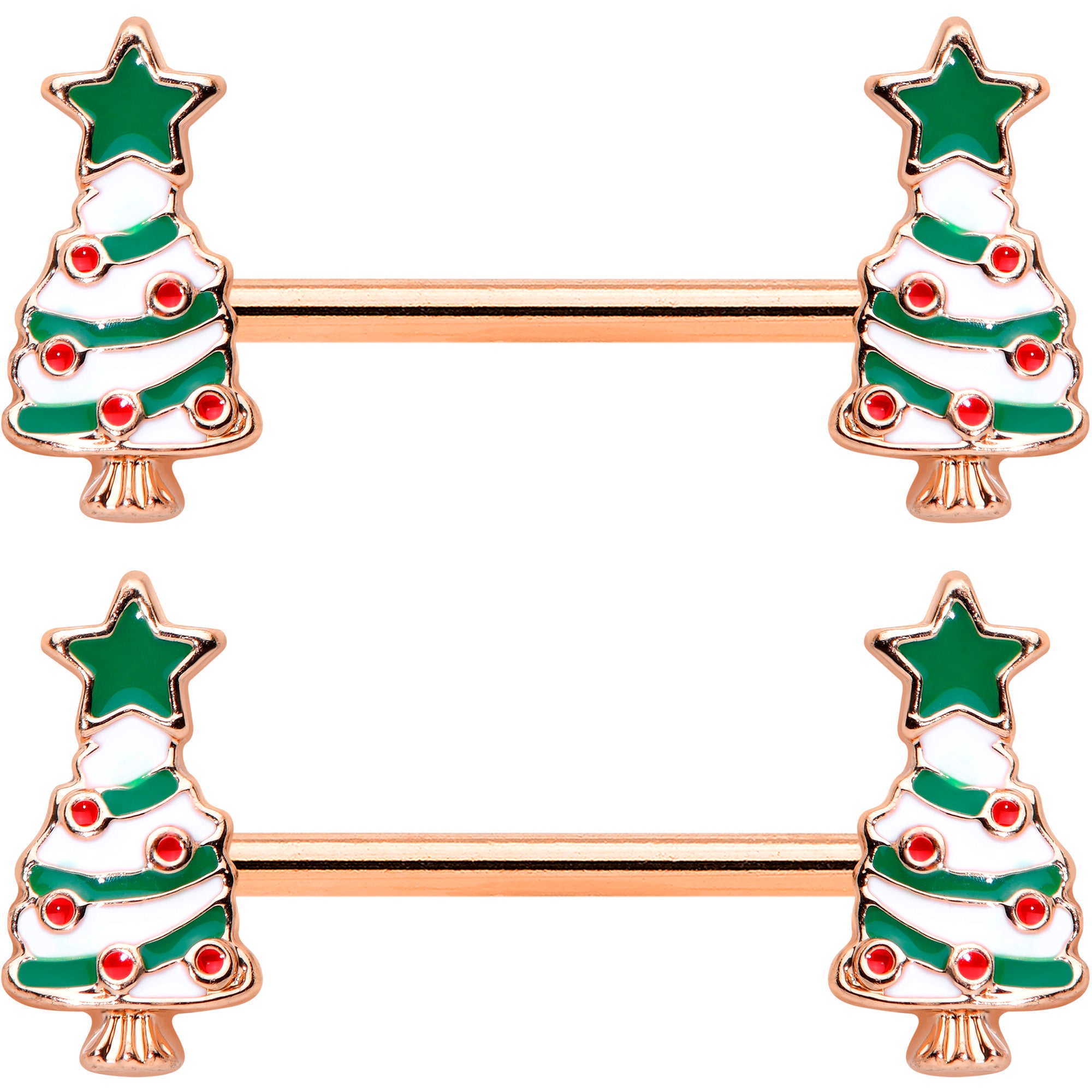 14G 9/16 Red Gem Rose Gold Tone Christmas Tree Nipple Ring Set