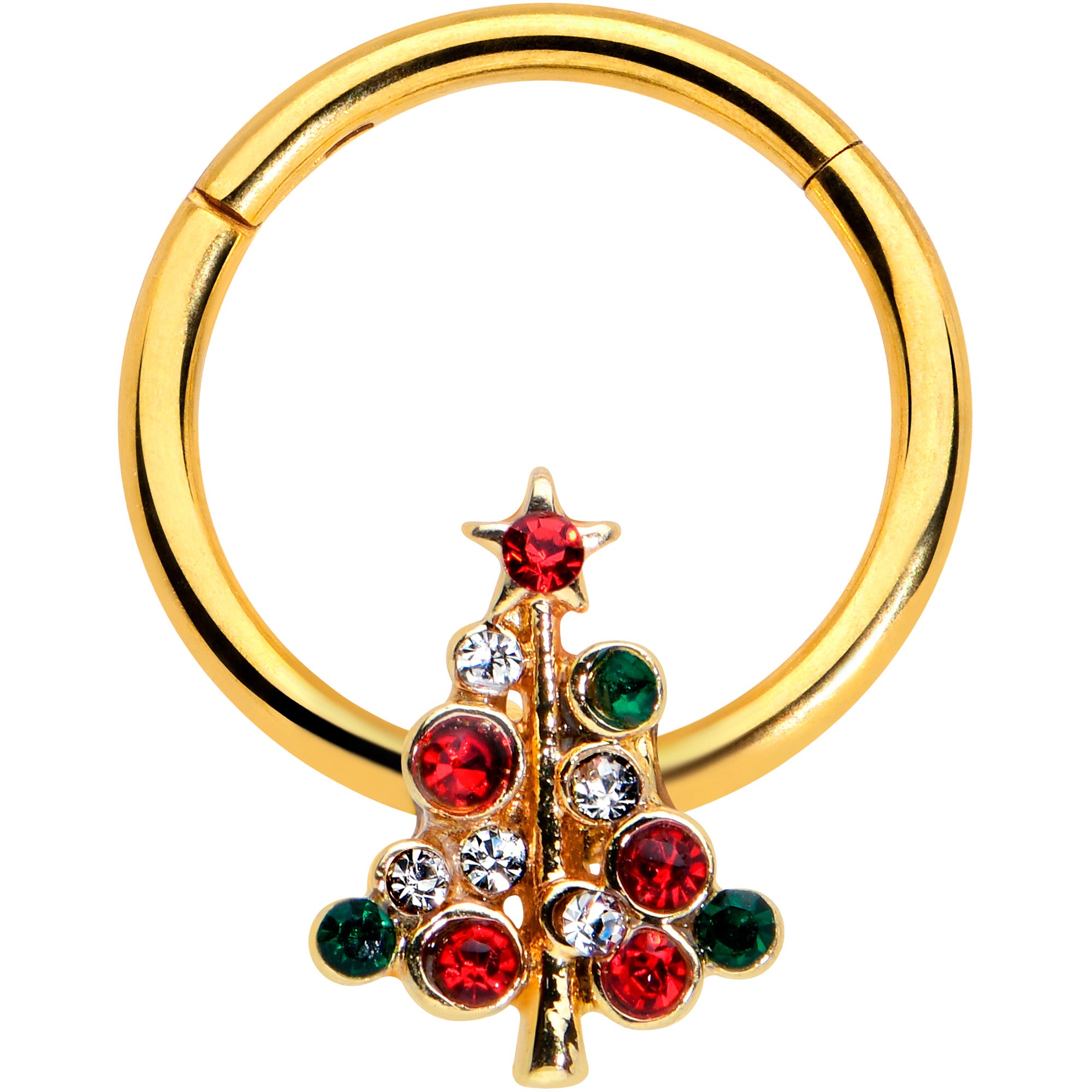 16G 3/8 Dazzline Gem Gold Tone Christmas Tree Hinged Segment Ring