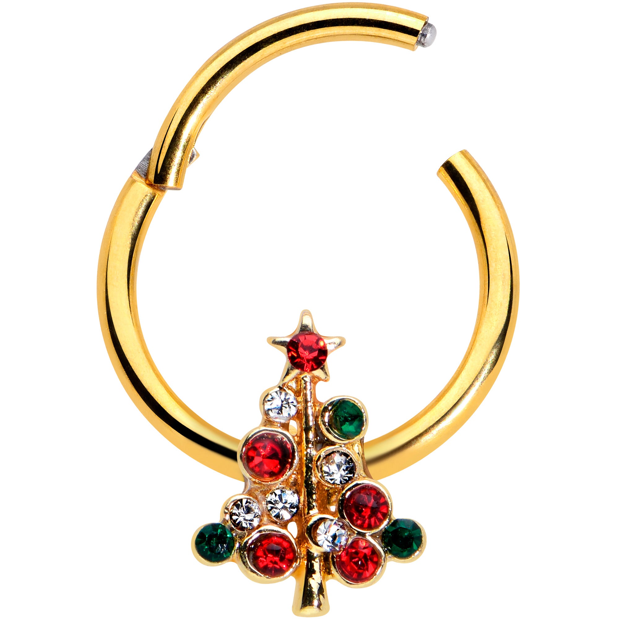16G 3/8 Dazzline Gem Gold Tone Christmas Tree Hinged Segment Ring