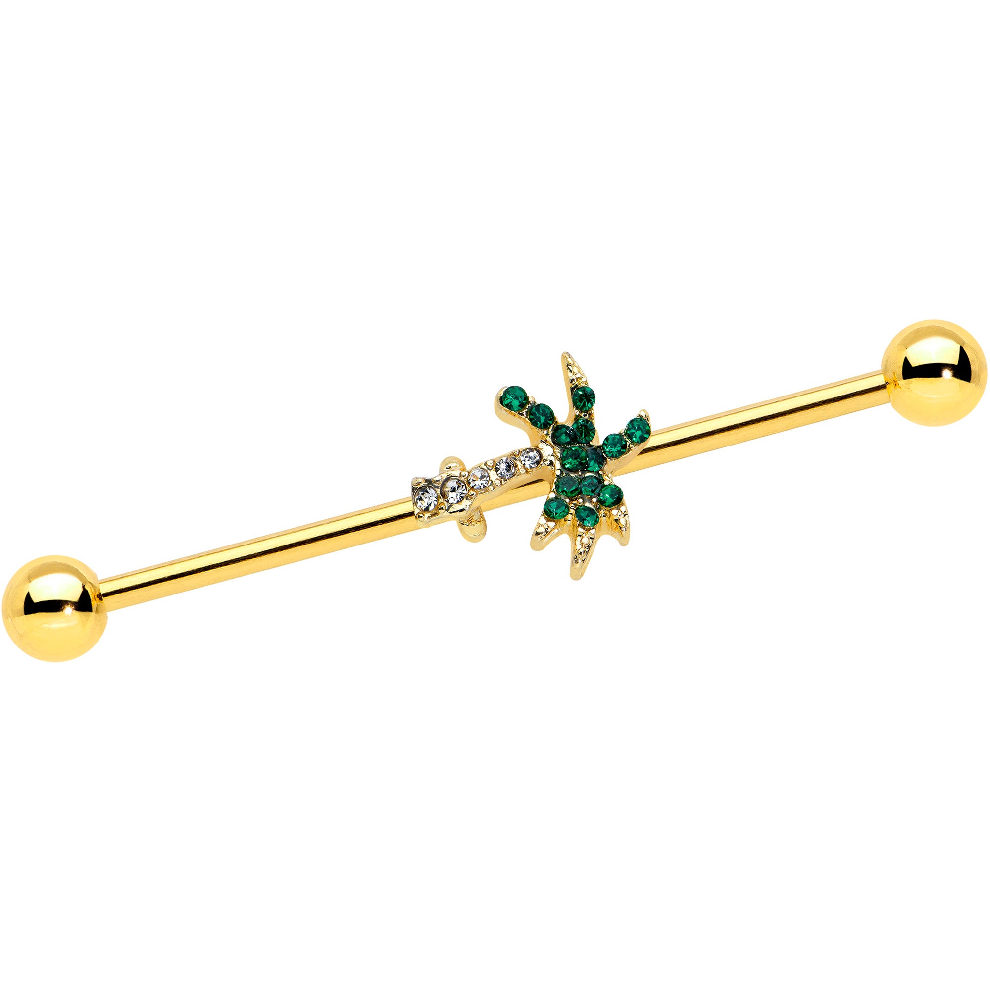 14G Green Gem Gold Tone Tropic Palm Tree Industrial Barbell 38mm