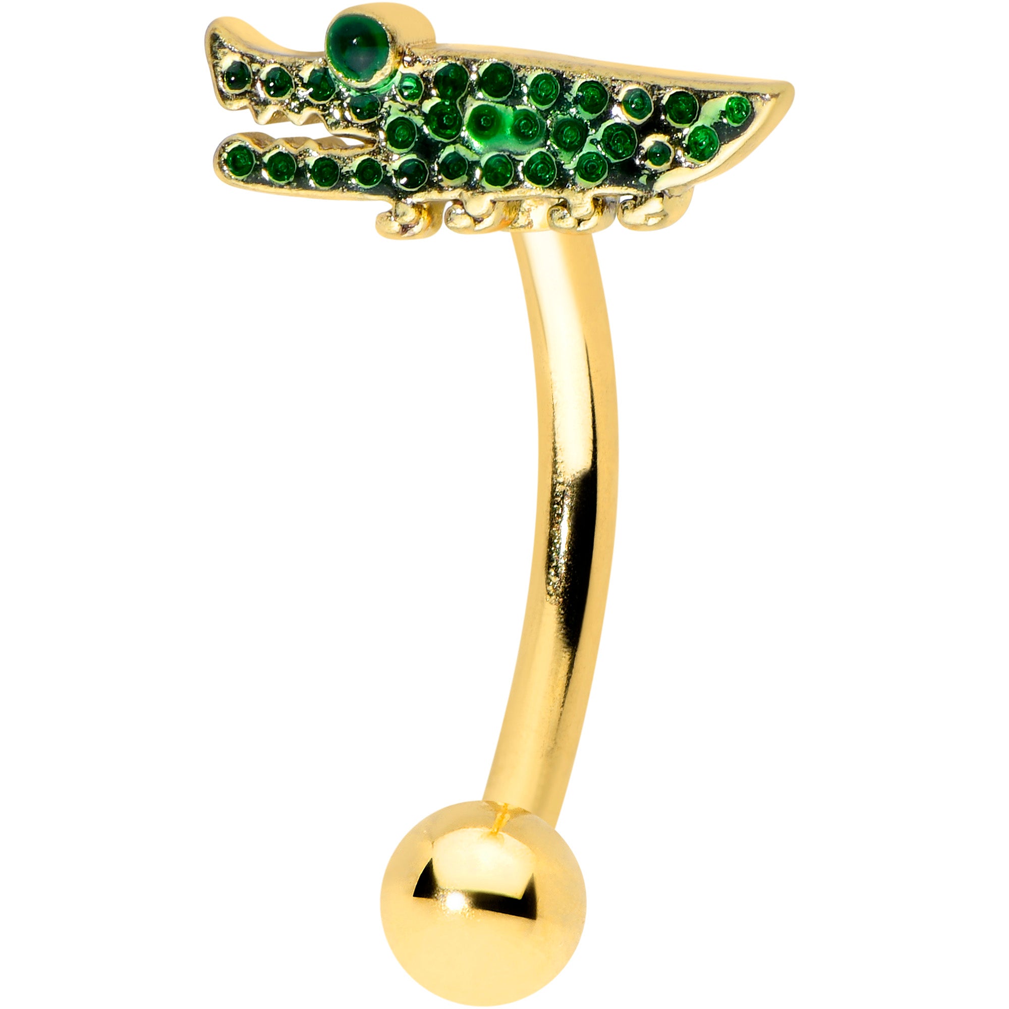 16G 5/16 Green Gem Gold Tone Hungry Alligator Curved Eyebrow Ring