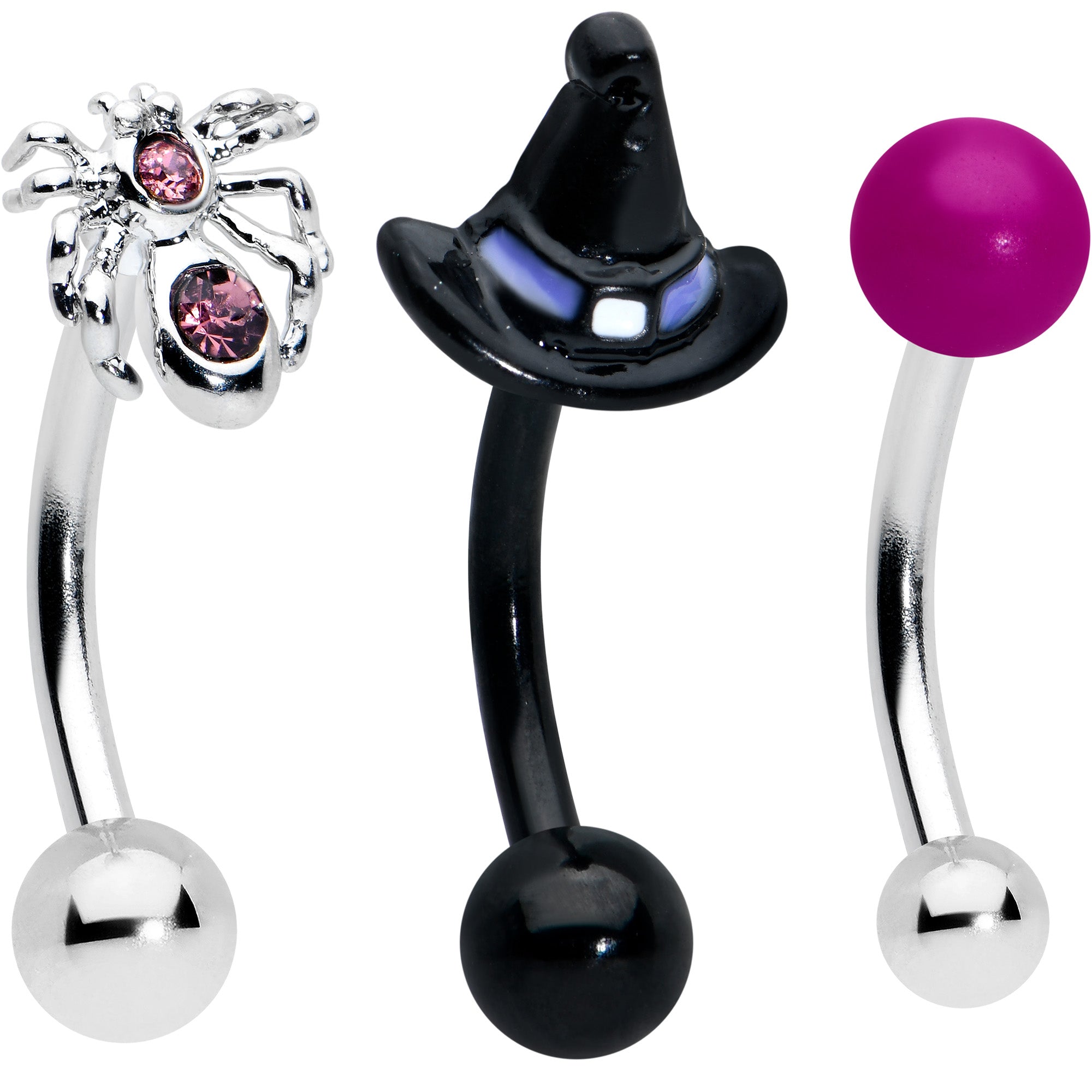 16G 5/16 Pink Gem Black Spider Witch Curved Eyebrow Ring Set of 3