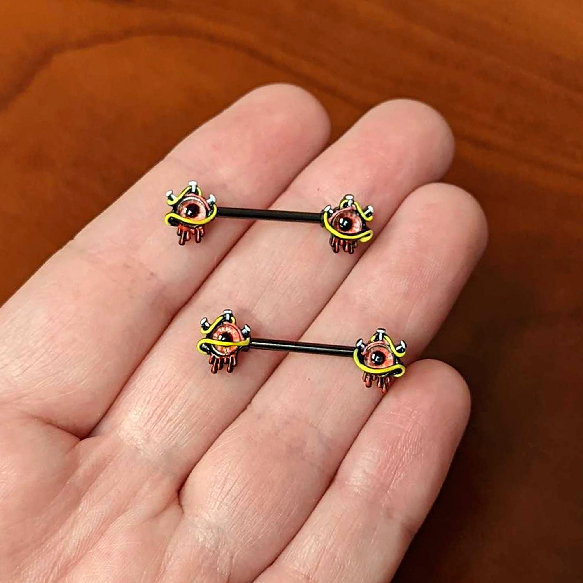 14G 9/16 Black Spiky Eyeball Halloween Barbell Nipple Ring Set