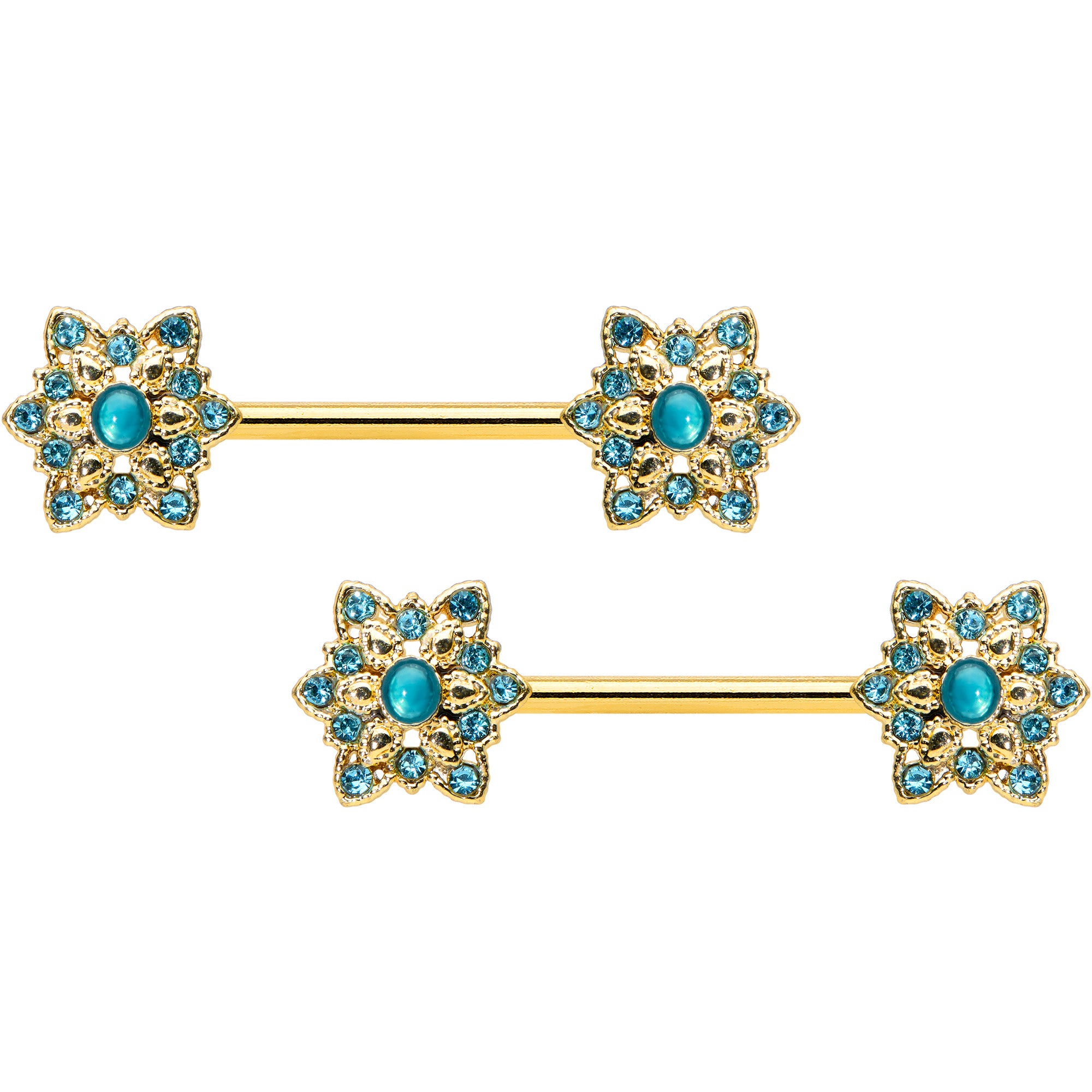 14G 9/16 Aqua Gem Gold Tone Snowflake Christmas Nipple Ring Set