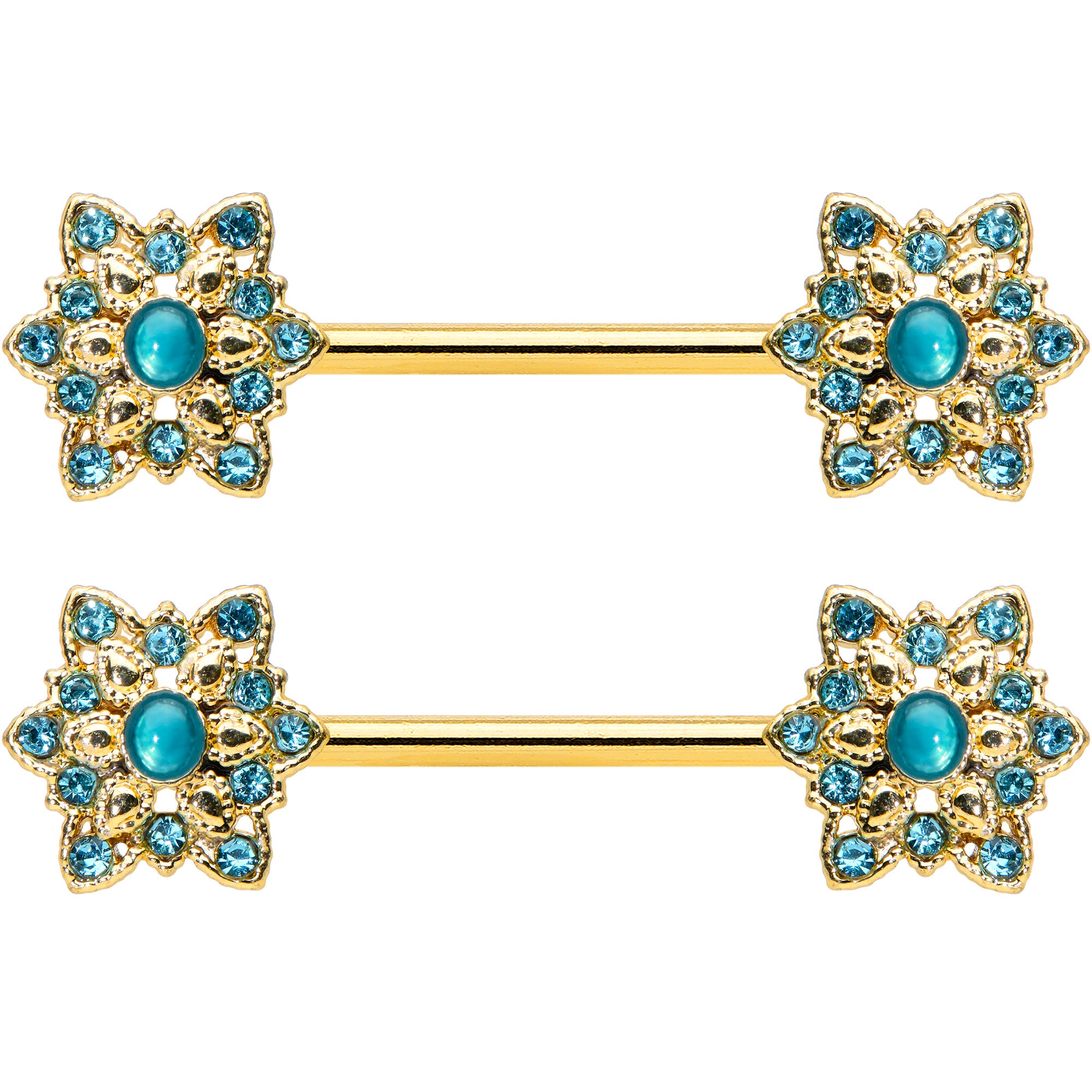 14G 9/16 Aqua Gem Gold Tone Snowflake Christmas Nipple Ring Set