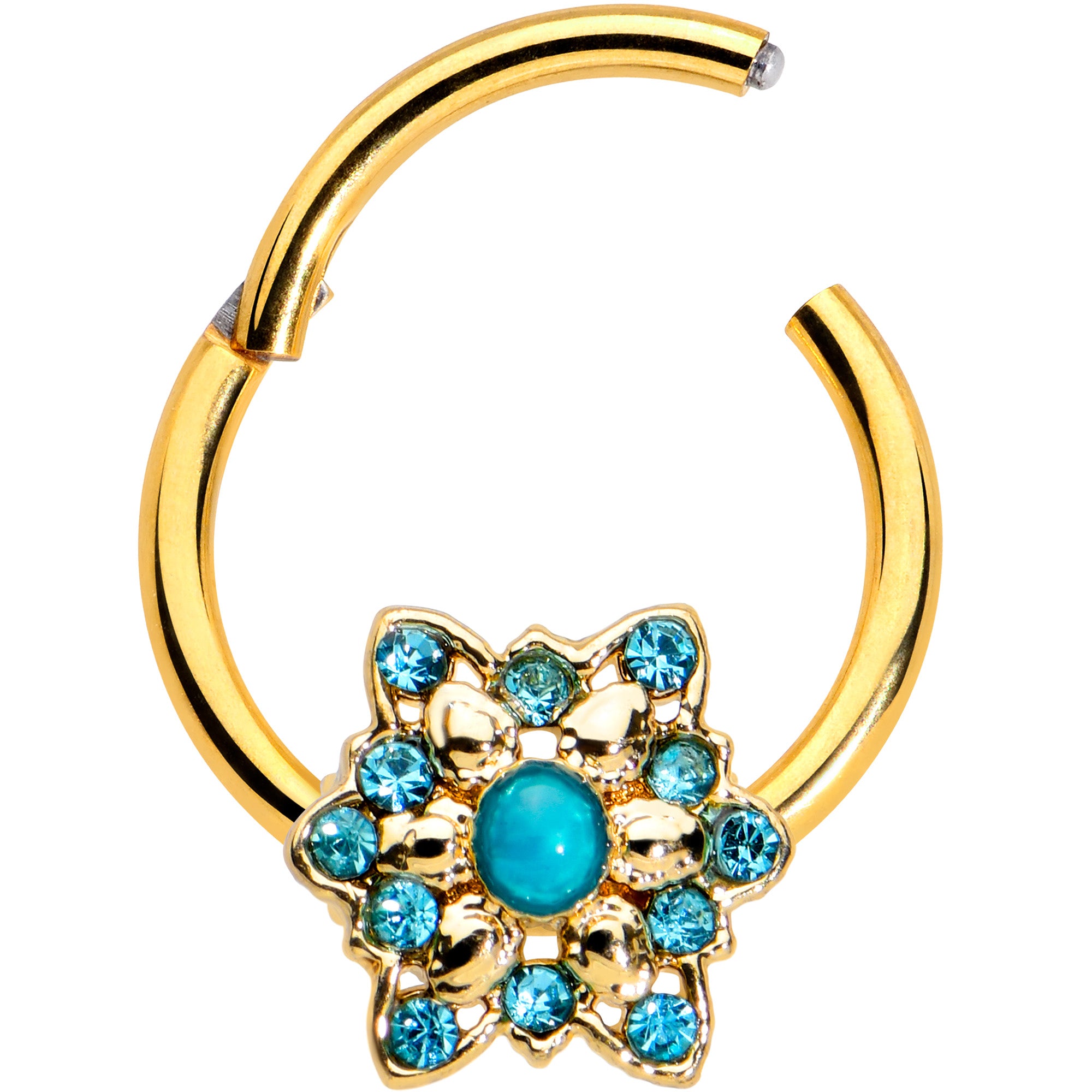 16G 3/8 Aqua Gem Gold Tone Snowflake Christmas Hinged Segment Ring