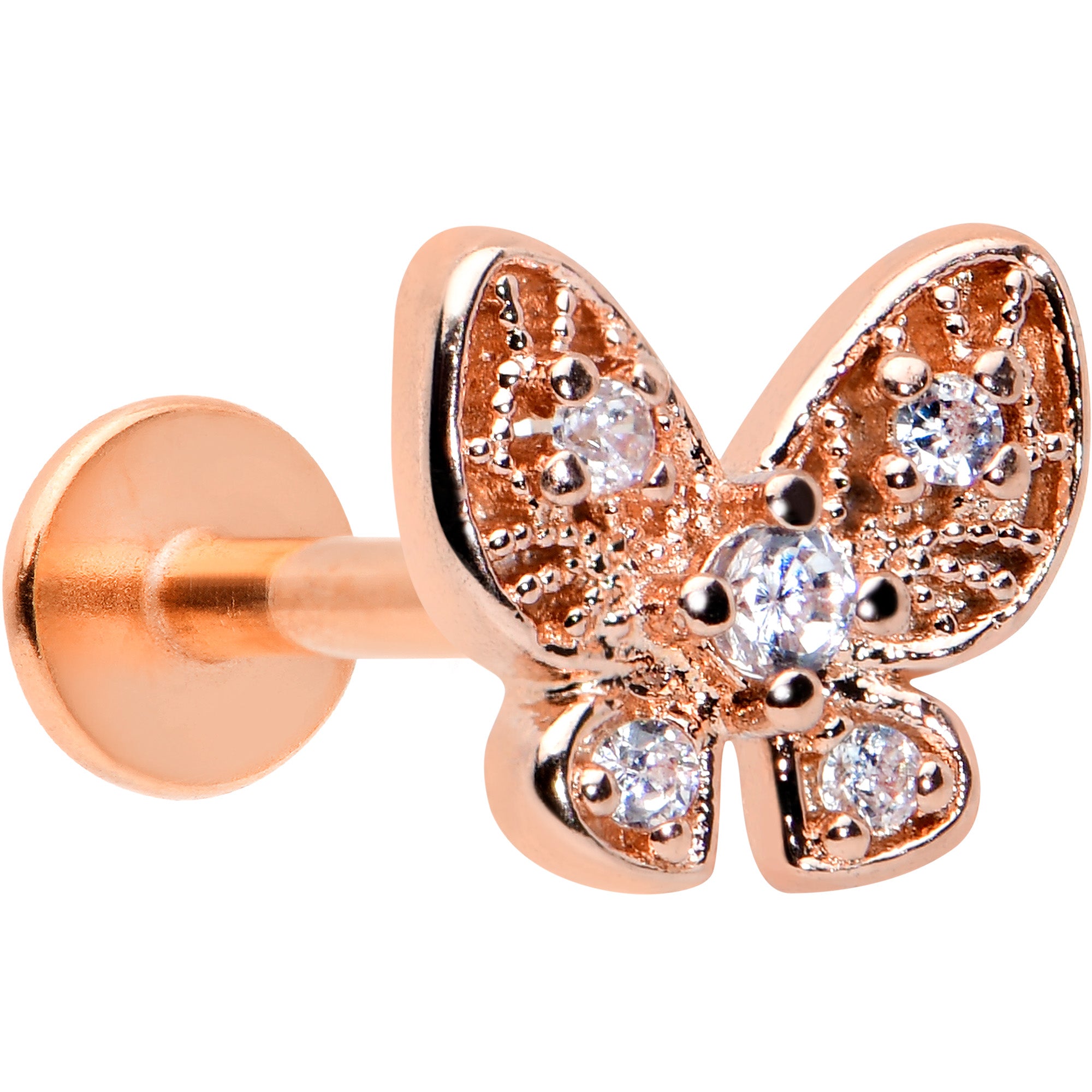 16G 5/16 Clear Gem Rose Gold Tone Airy Butterfly Labret Tragus