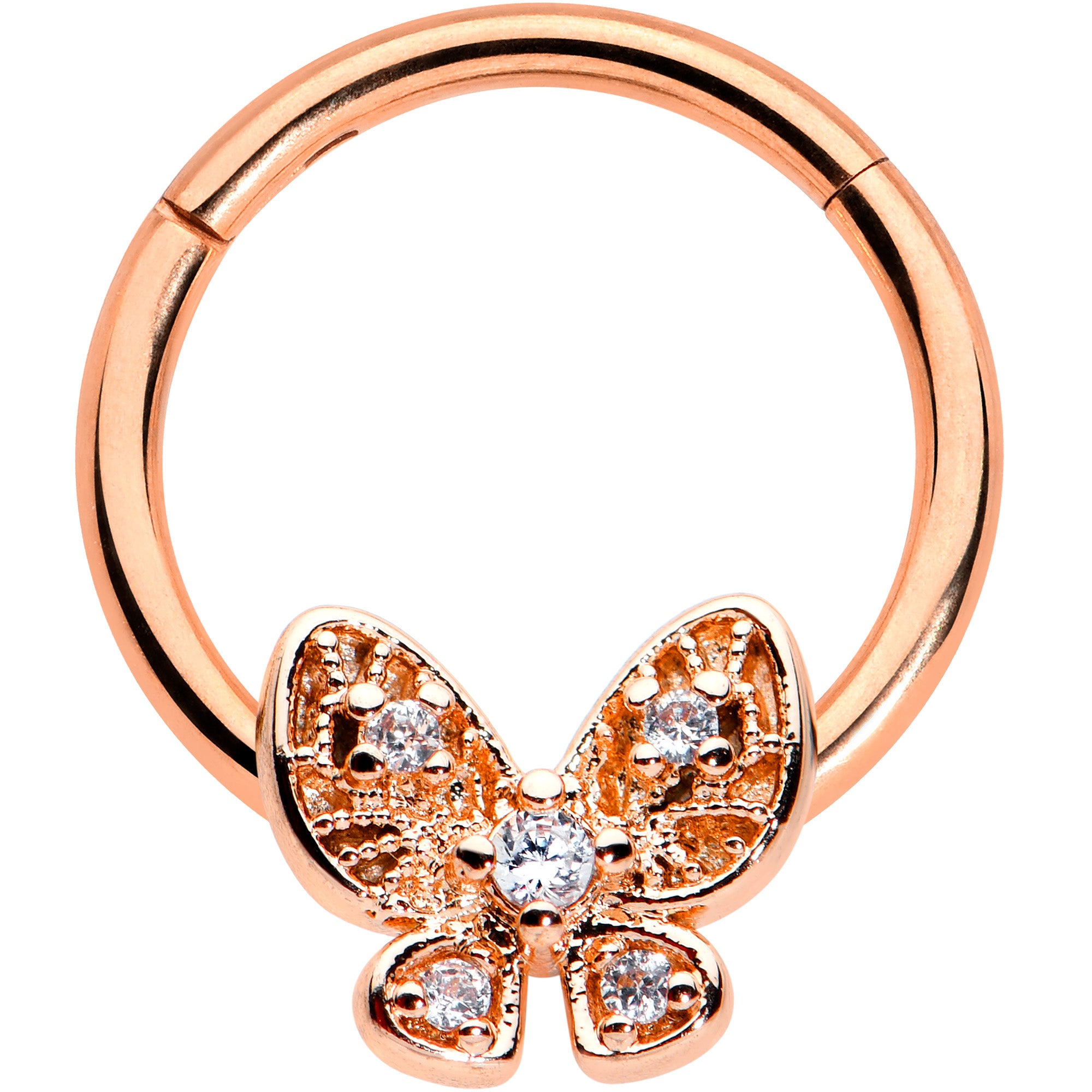 16G 3/8 Clear Gem Rose Gold Hue Airy Butterfly Hinged Segment Ring