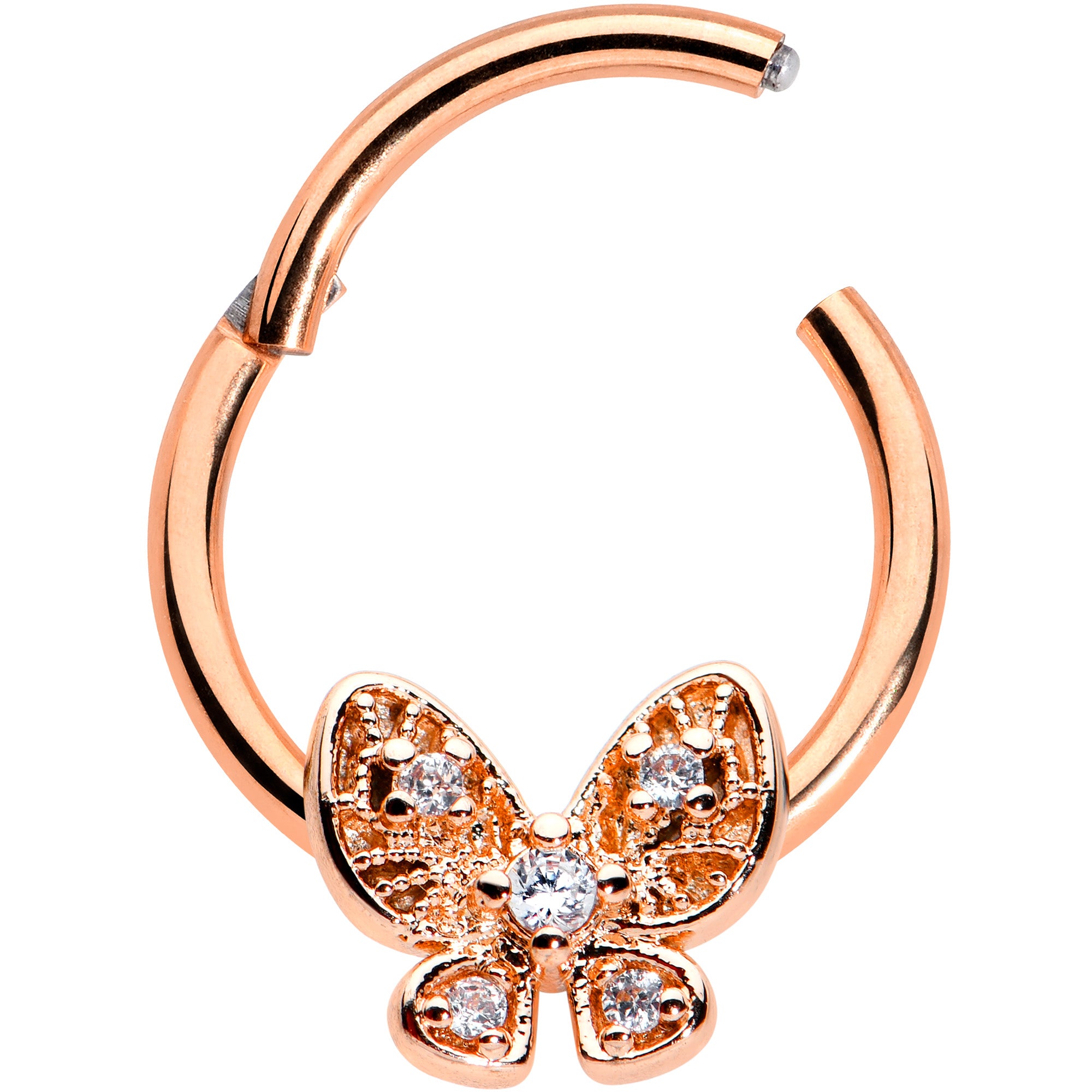 16G 3/8 Clear Gem Rose Gold Hue Airy Butterfly Hinged Segment Ring