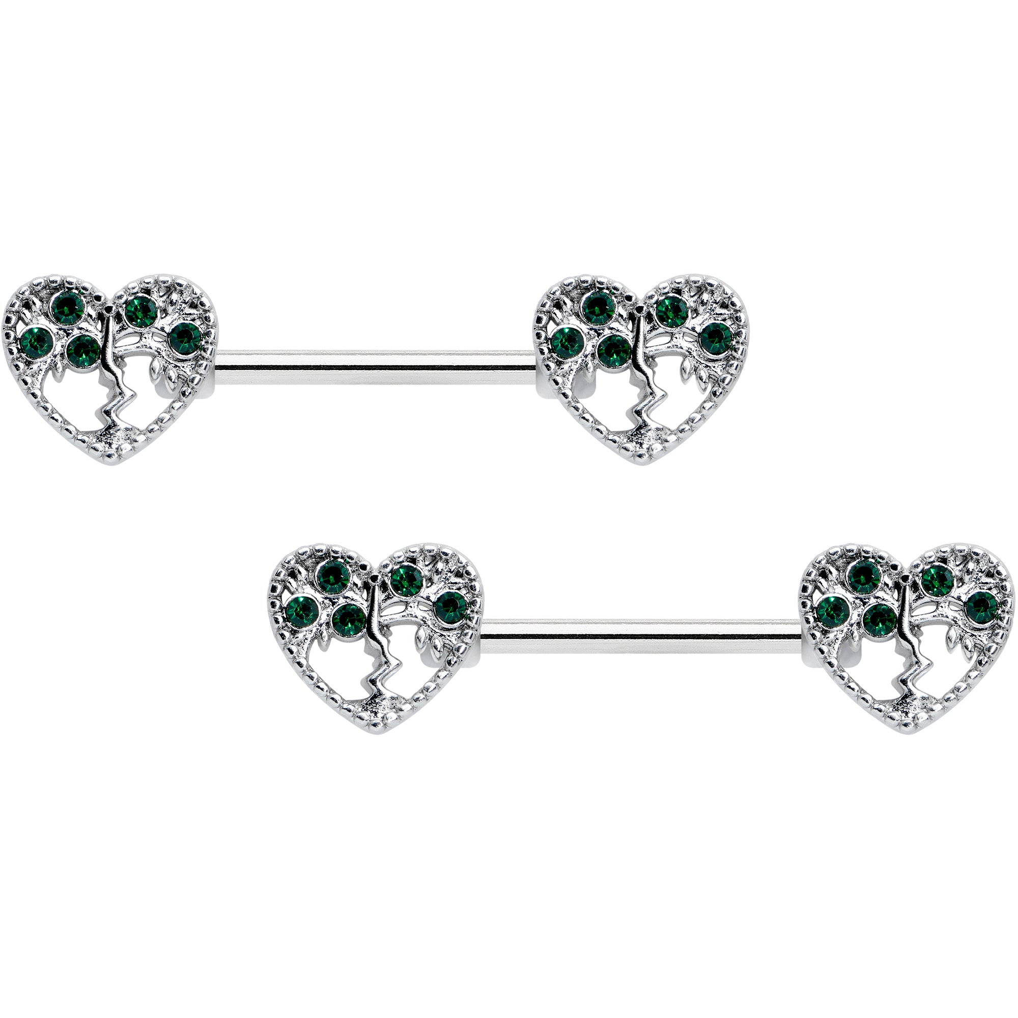 14G 9/16 Green Gem Heart Tree Valentine Nipple Ring Set