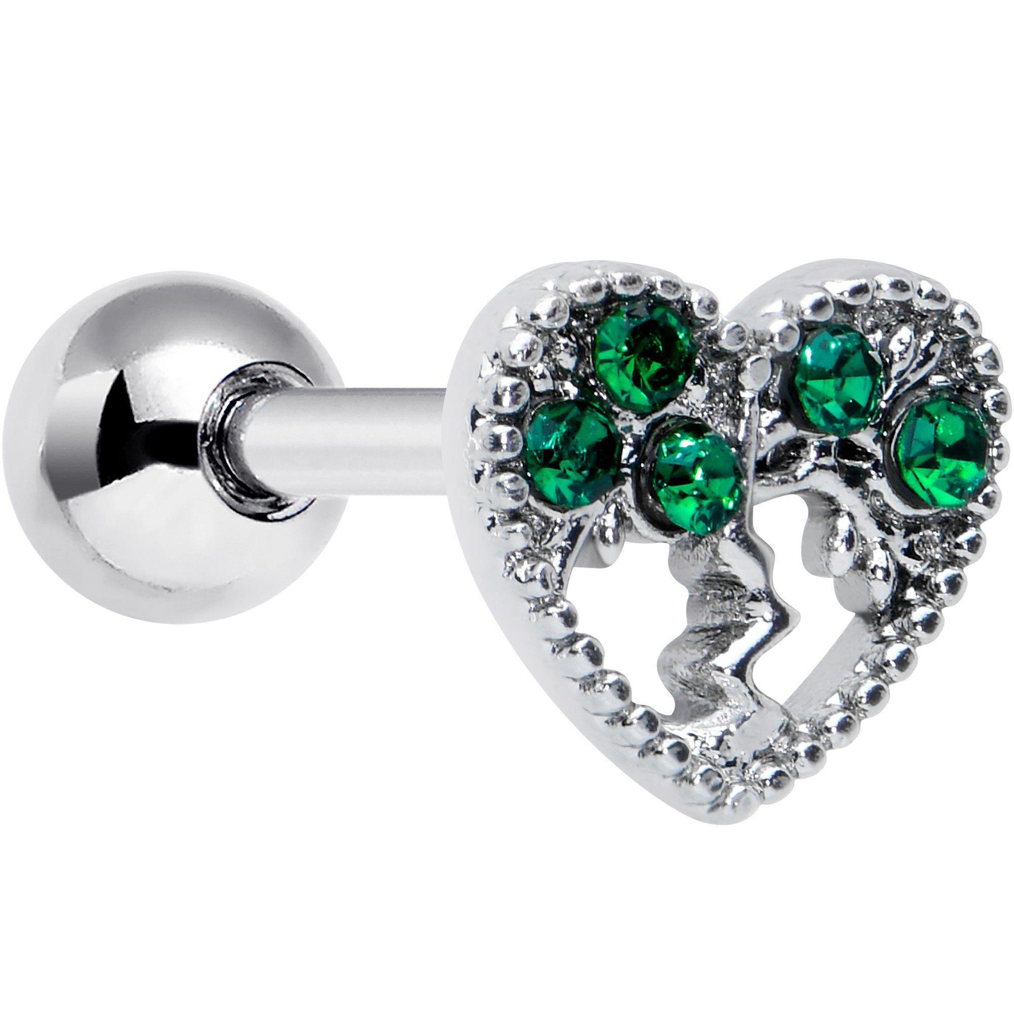 16G 1/4 Green Gem Heart Tree Valentine Cartilage Tragus