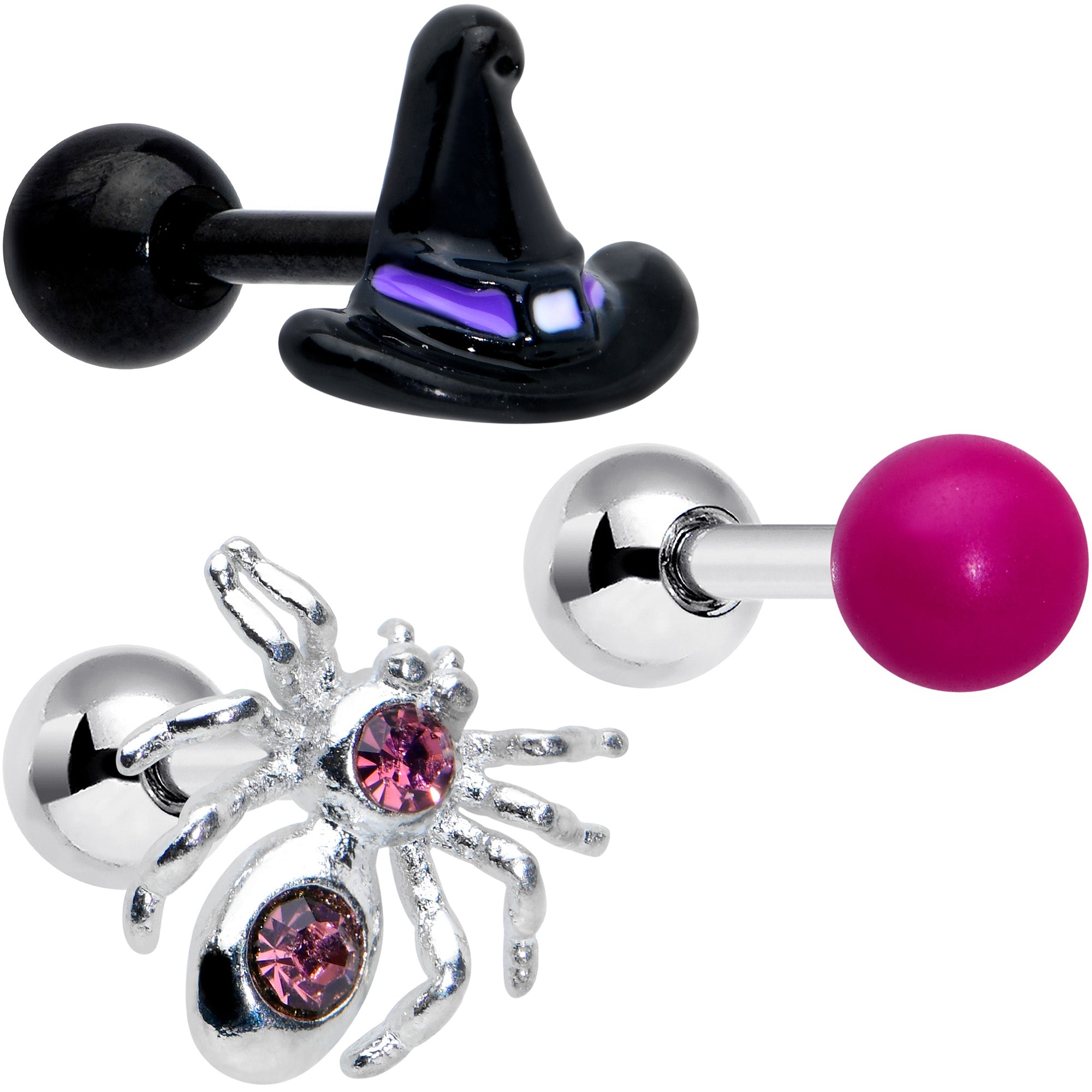16G 1/4 Pink Gem Spider Witch Halloween Cartilage Tragus Set of 3