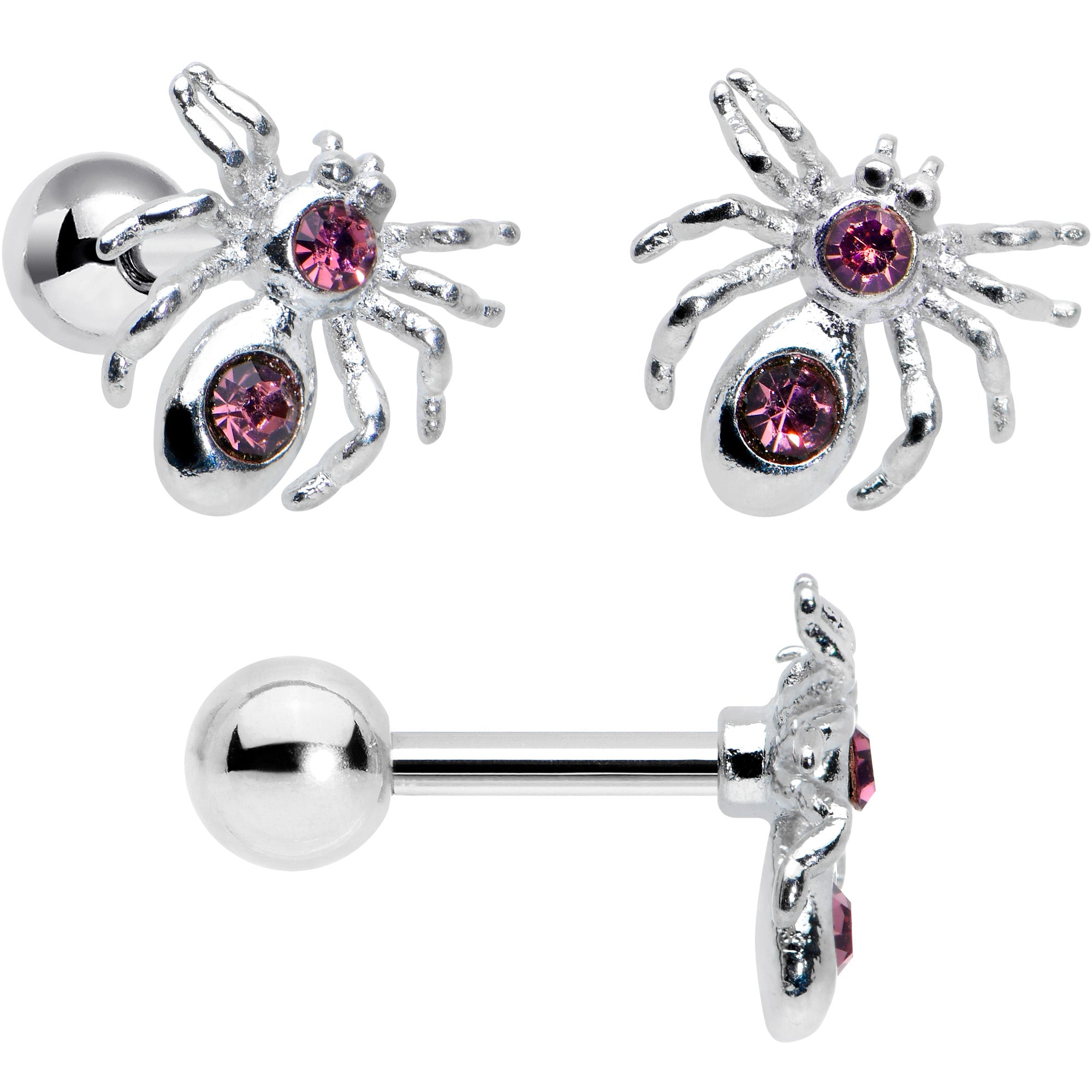 16G 1/4 Pink Gem Spider Witch Halloween Cartilage Tragus Set of 3