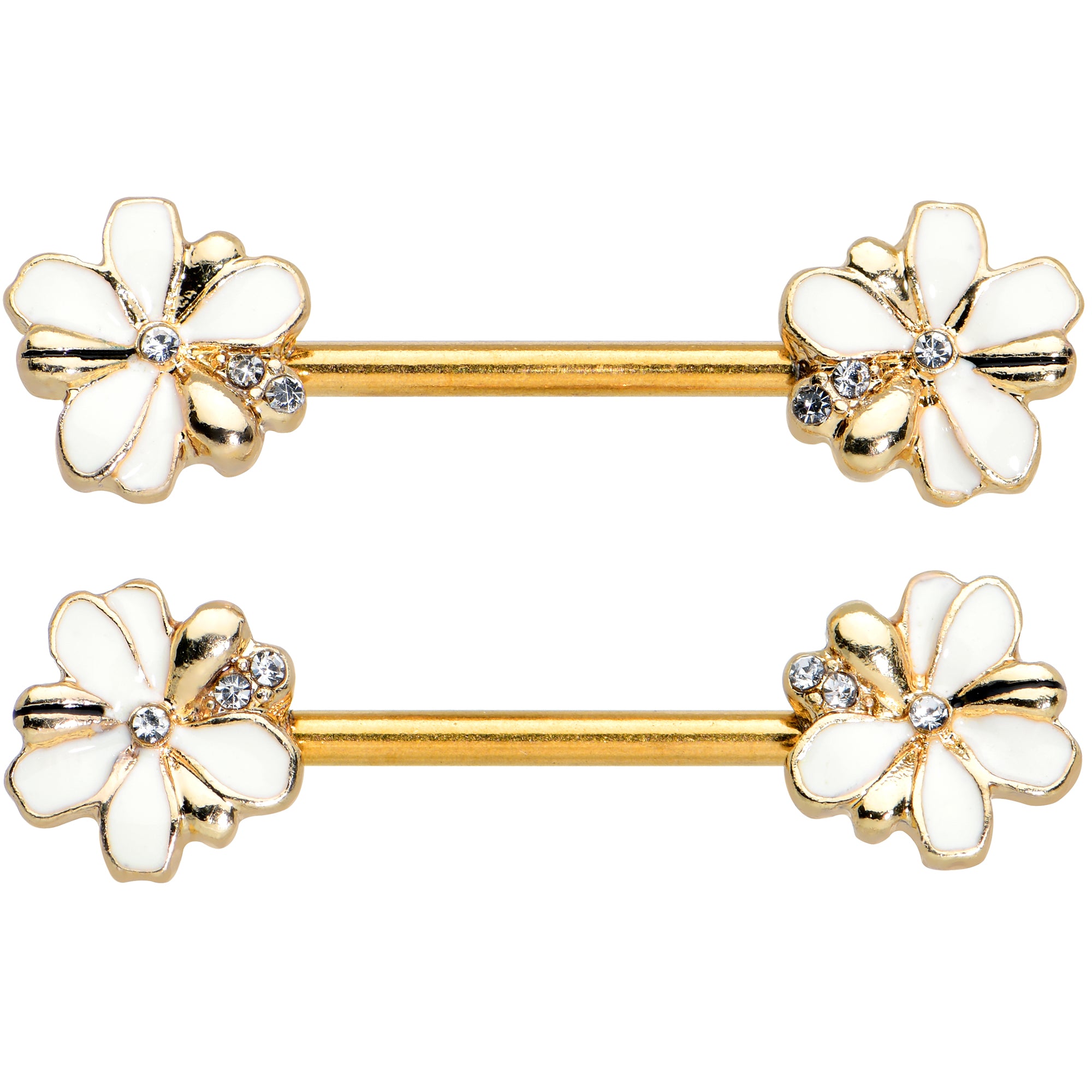14G 9/16 Clear Gem Gold Tone Feeding Bee Barbell Nipple Ring Set