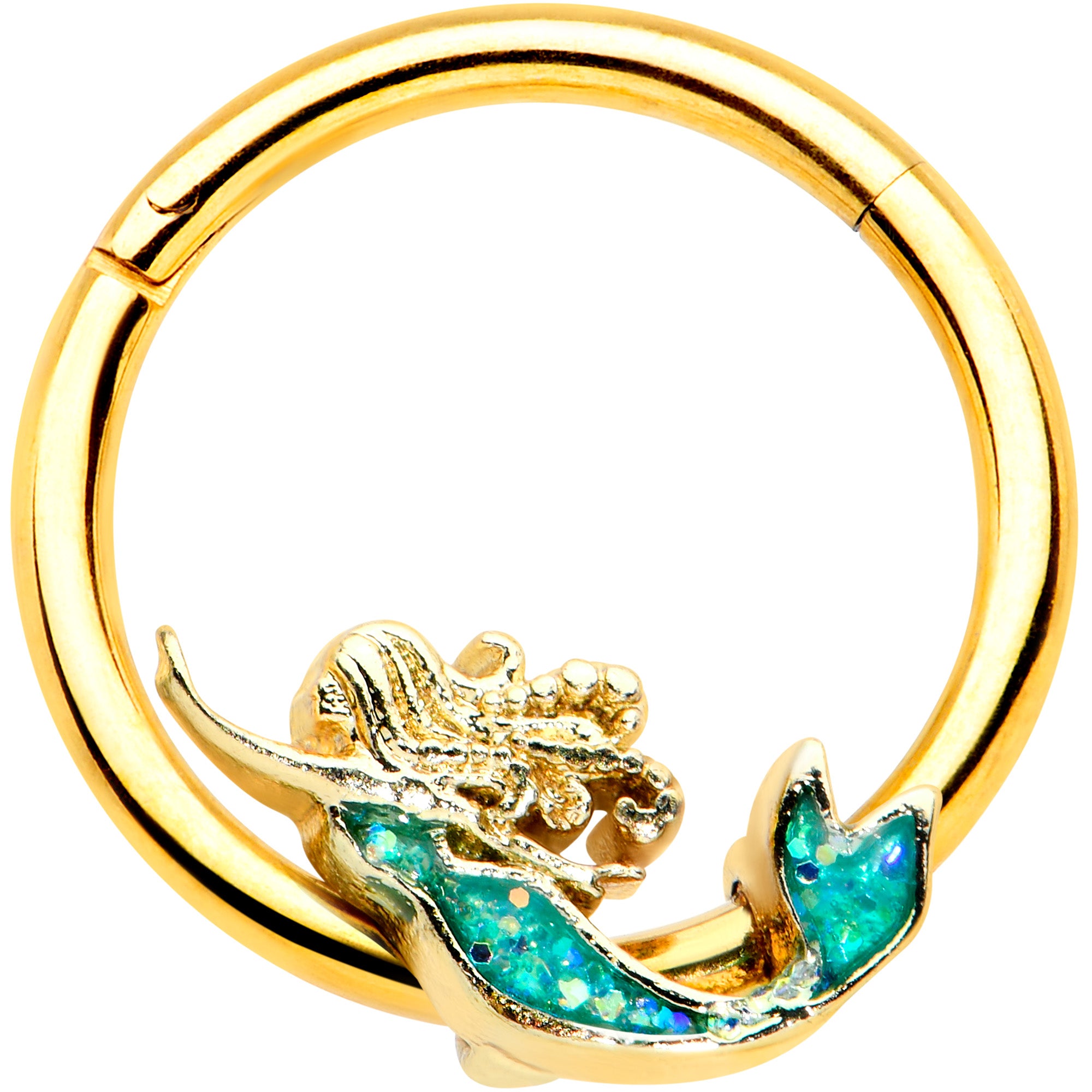 16G 3/8 Green Faux Opal Gold Hue Mermaid Hinged Segment Ring