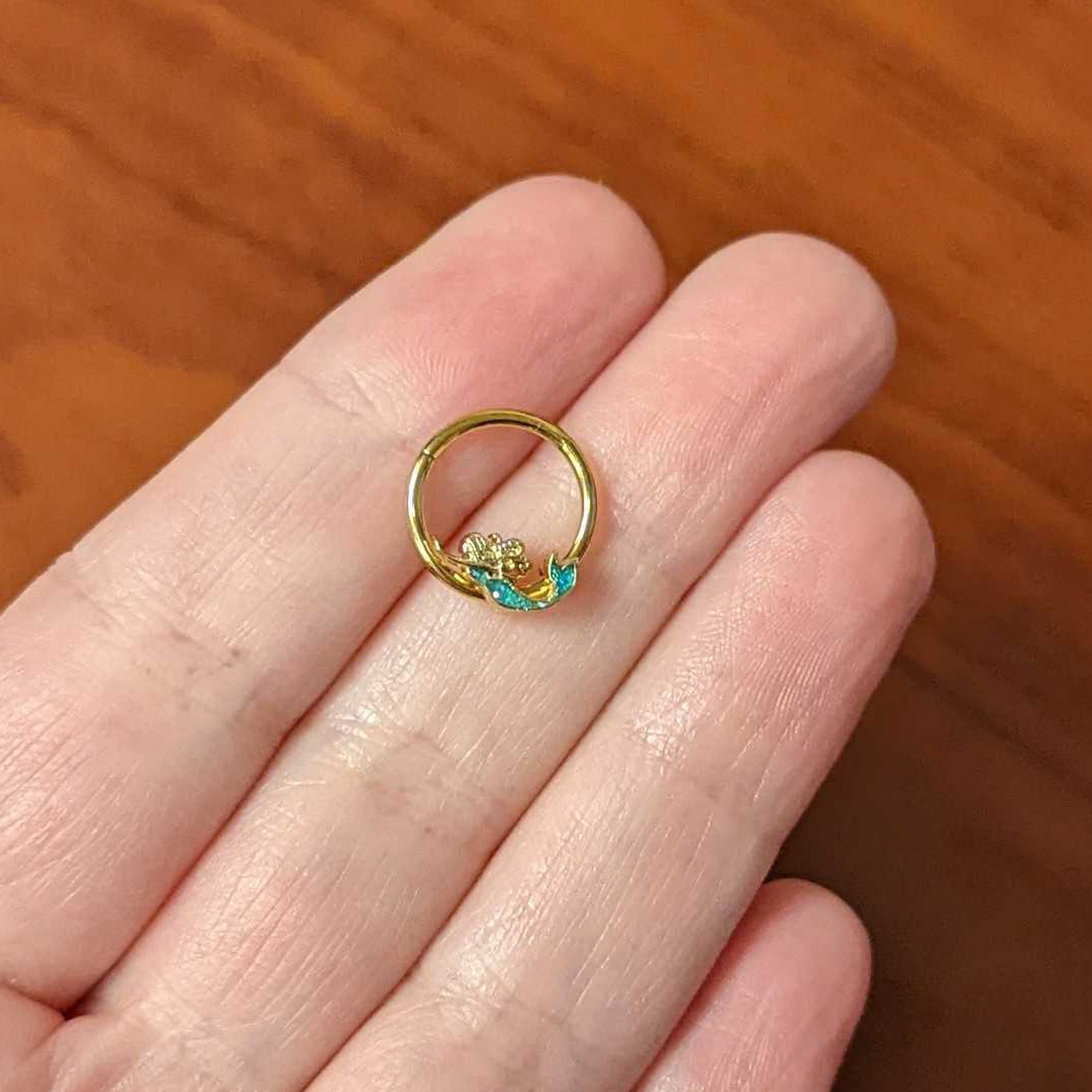 16G 3/8 Green Faux Opal Gold Hue Mermaid Hinged Segment Ring