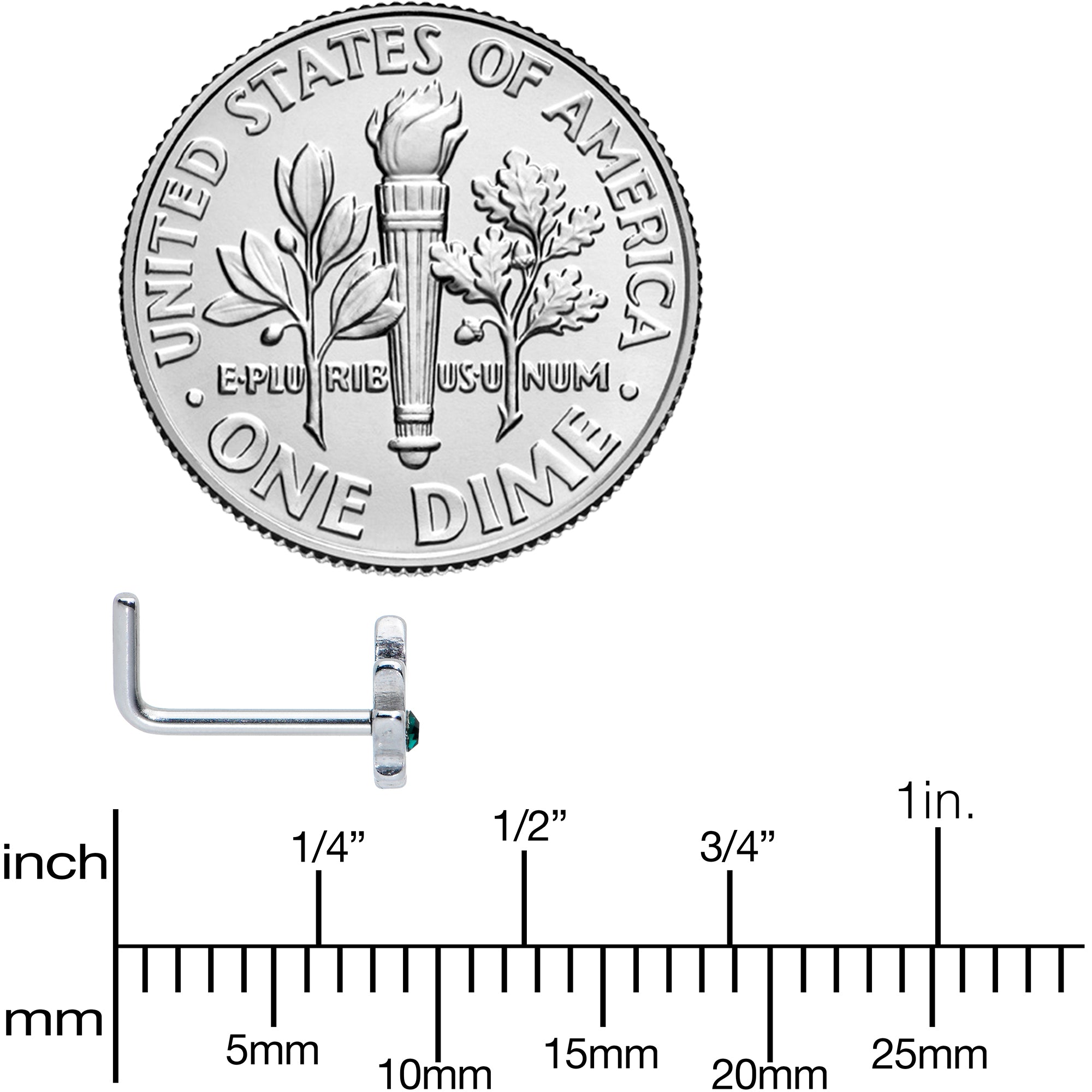 20G 1/4 Green CZ Gem Simple Pot Leaf L Shape Nose Ring