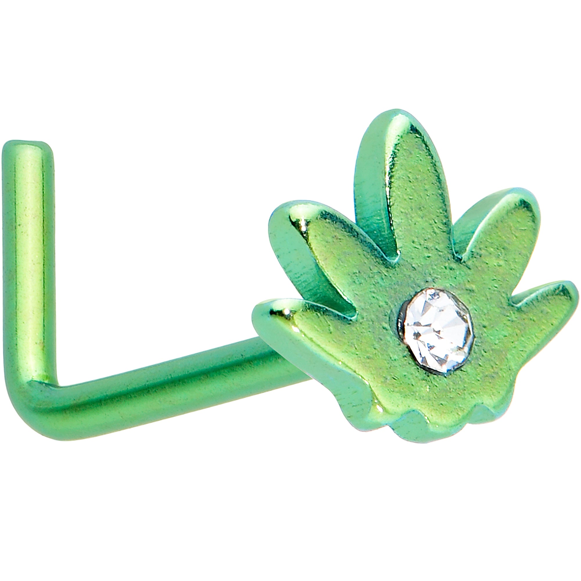 20G 1/4 Clear CZ Gem Green Simple Pot Leaf L Shape Nose Ring