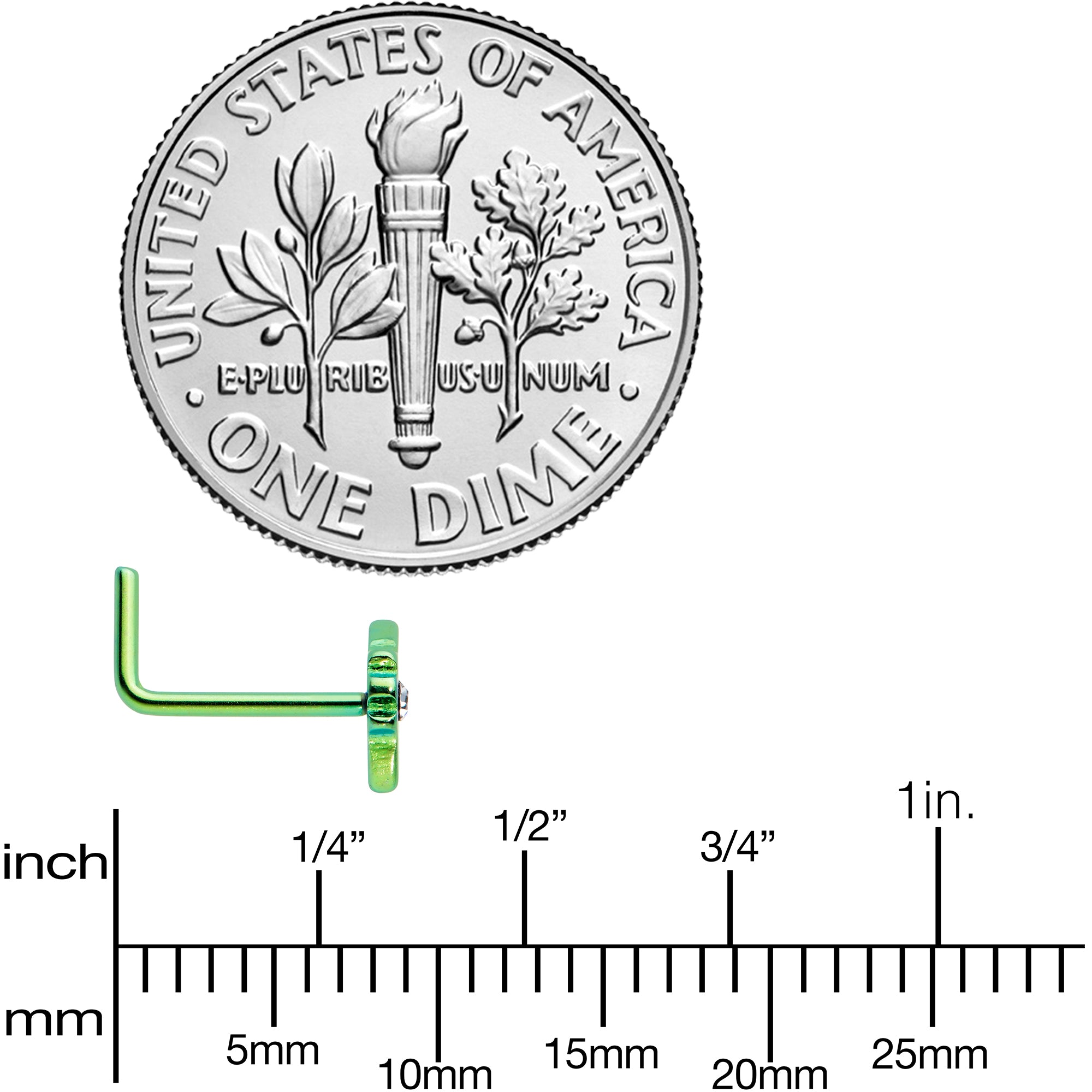 20G 1/4 Clear CZ Gem Green Simple Pot Leaf L Shape Nose Ring