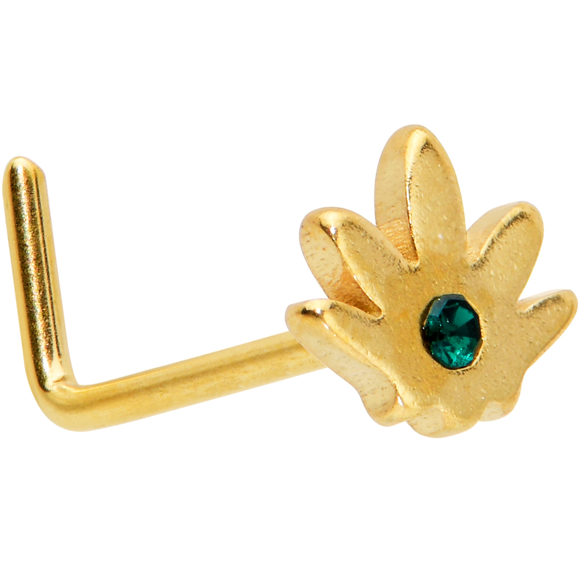 20G 1/4 Green CZ Gem Gold Tone Simple Pot Leaf L Shape Nose Ring