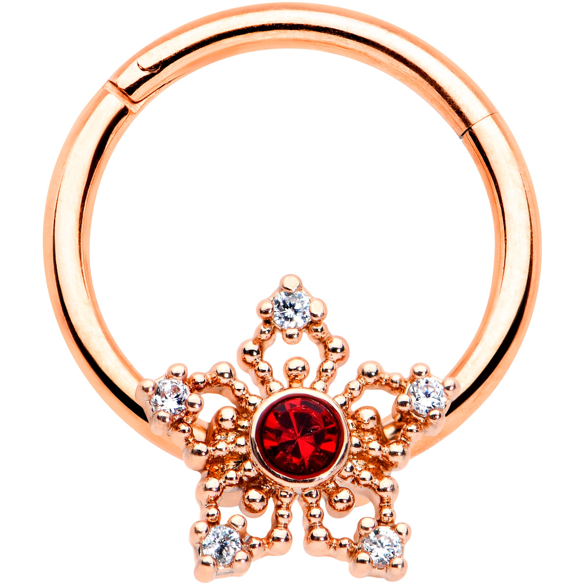 16G 3/8 Red Gem Rosy Hue Texture Snowflake Hinged Segment Ring