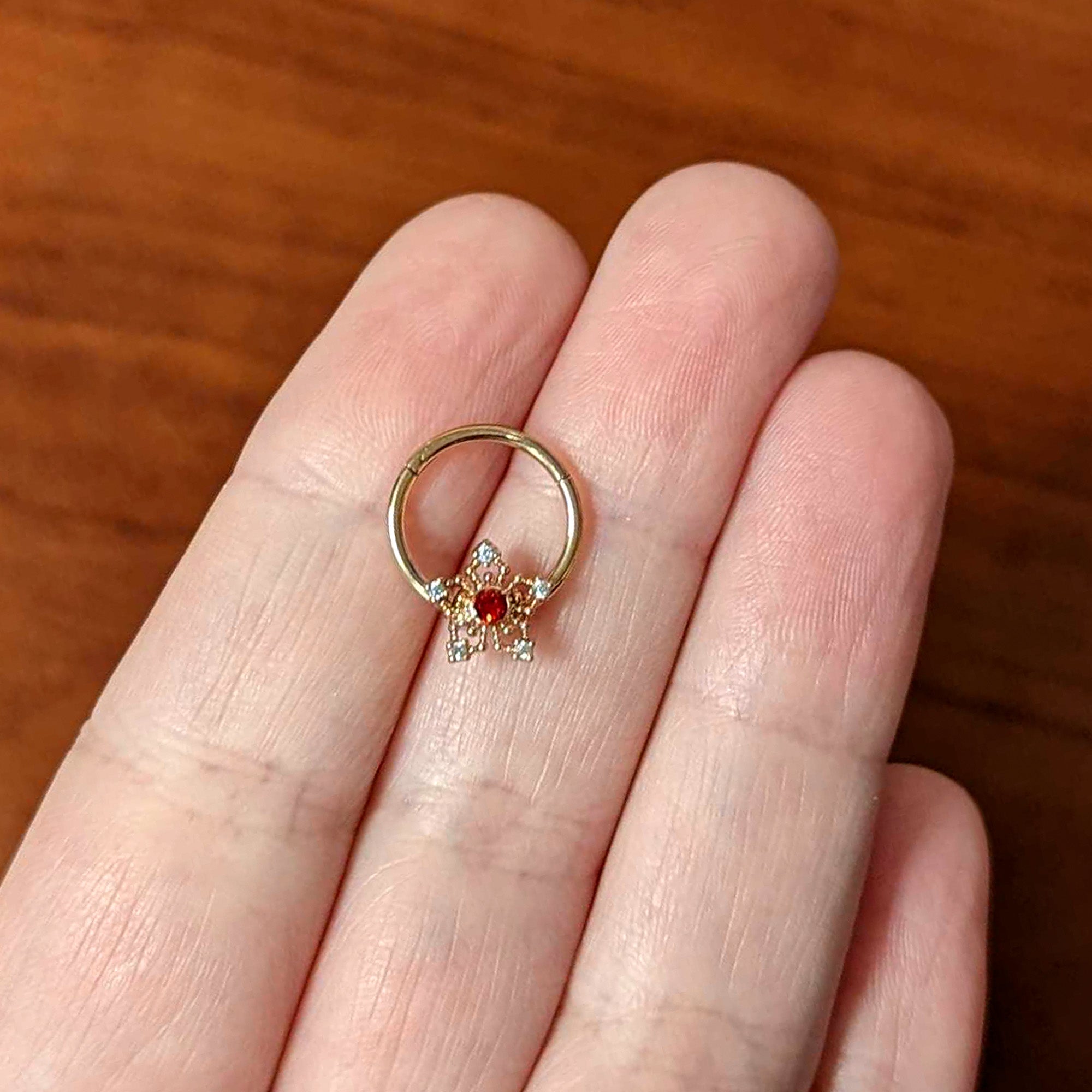 16G 3/8 Red Gem Rosy Hue Texture Snowflake Hinged Segment Ring