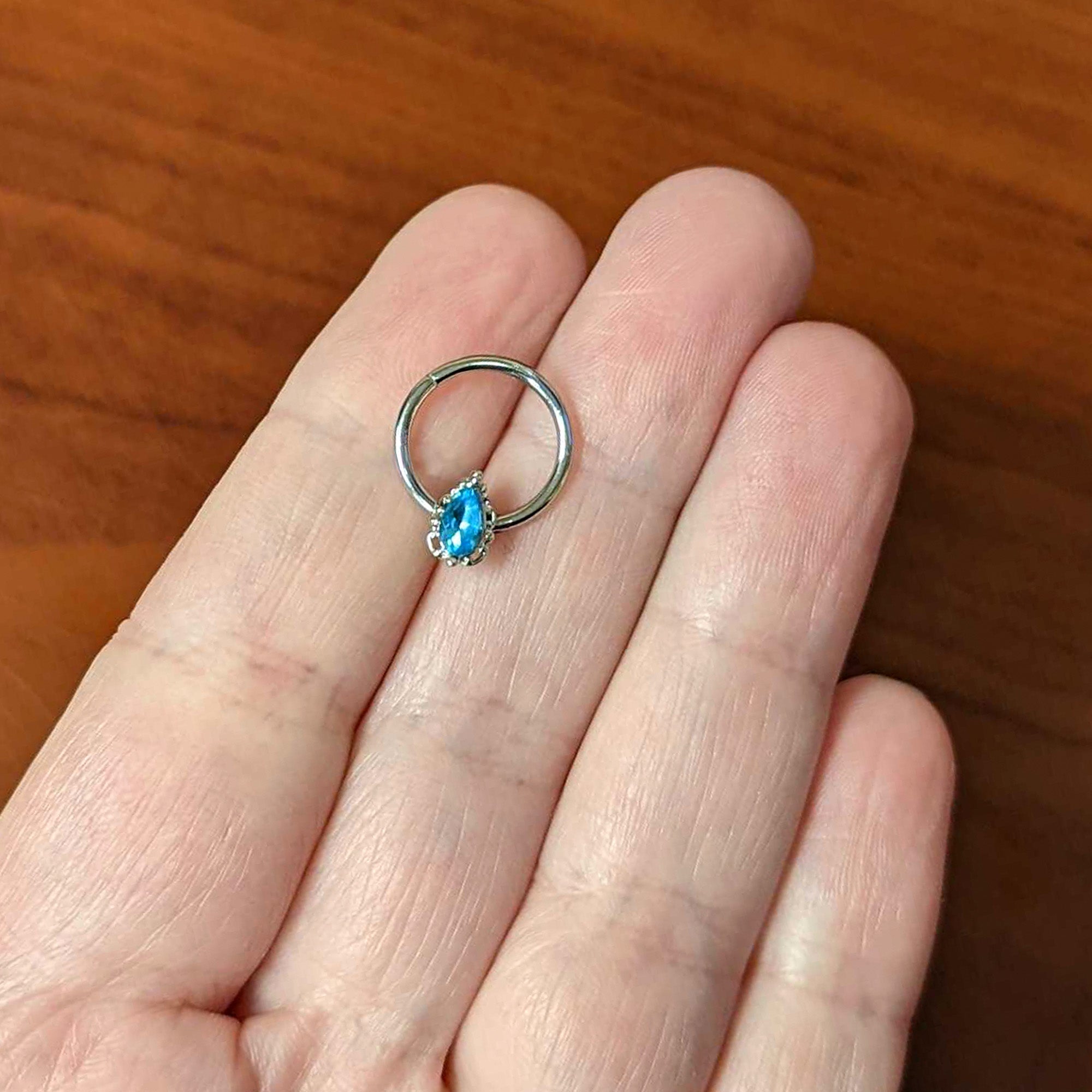 16G 3/8 Clear Blue Gem Oval Art Deco Hinged Segment Ring