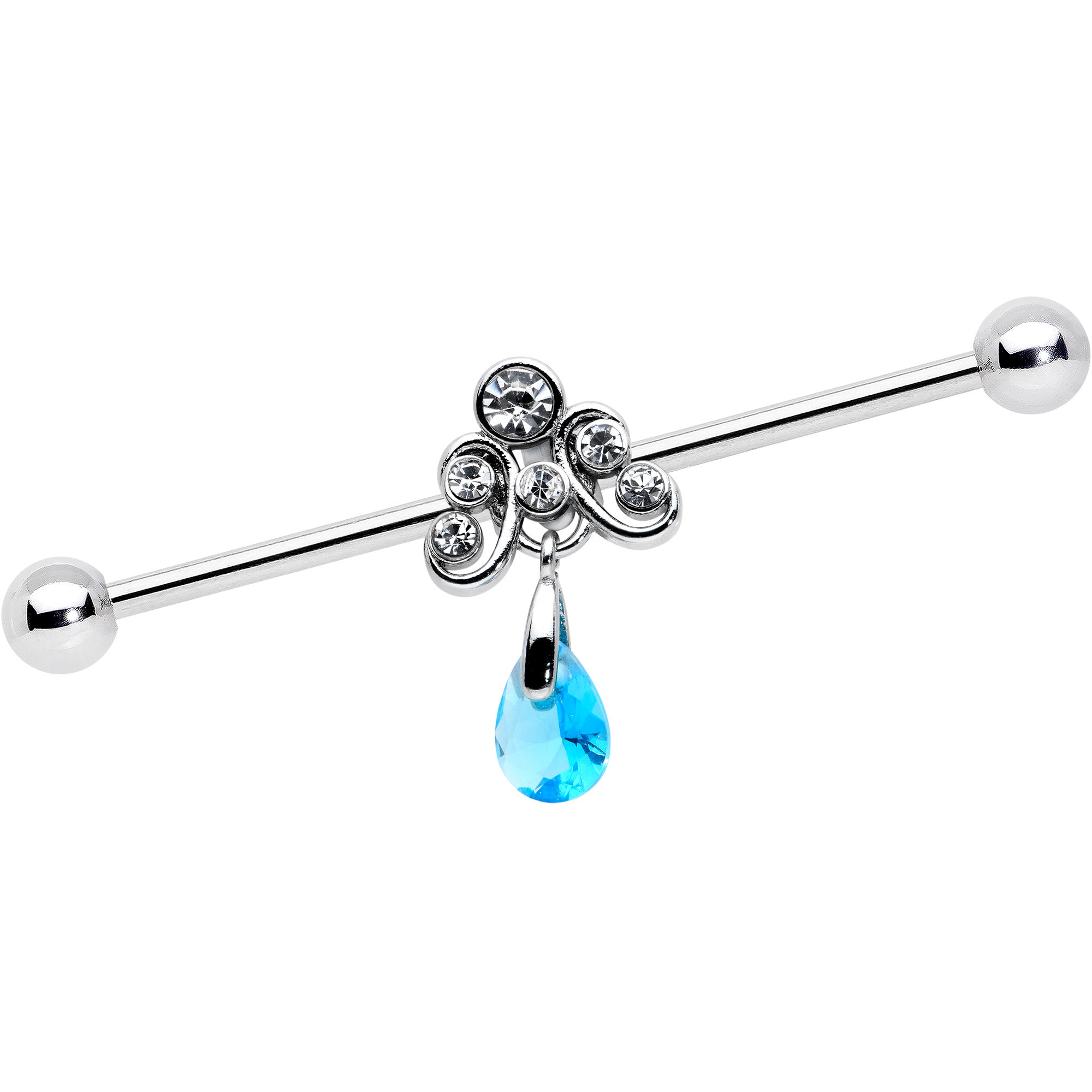 14G Blue Gem Scrolling Elegance Dangle Industrial Barbell 38mm