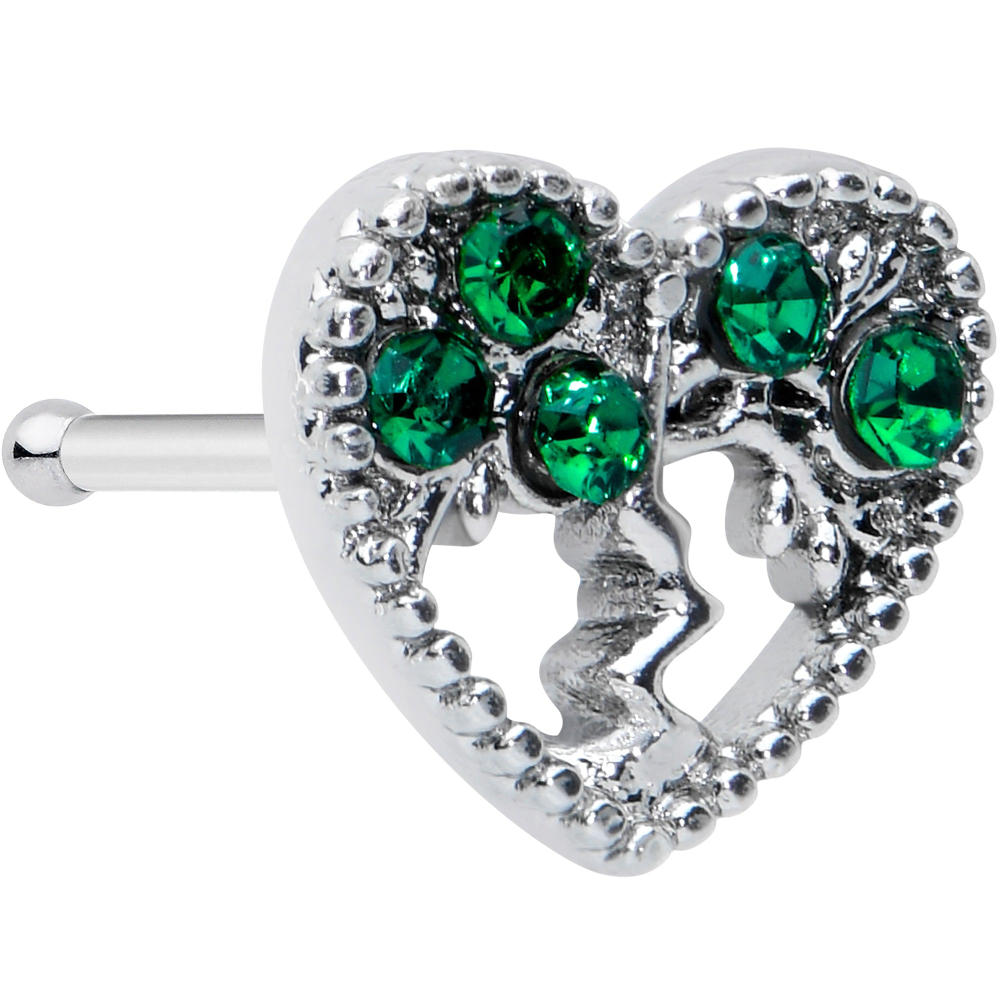 20G 1/4 Green Gem Heart Tree Valentine Nose Bone