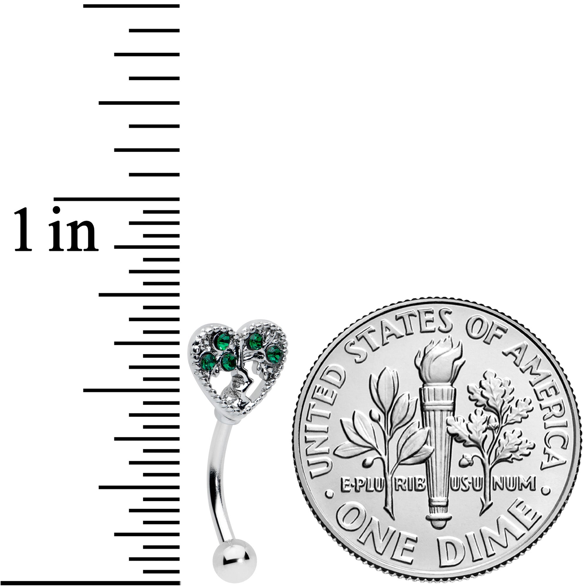 16G 5/16 Green Gem Heart Tree Valentine Curved Eyebrow Ring