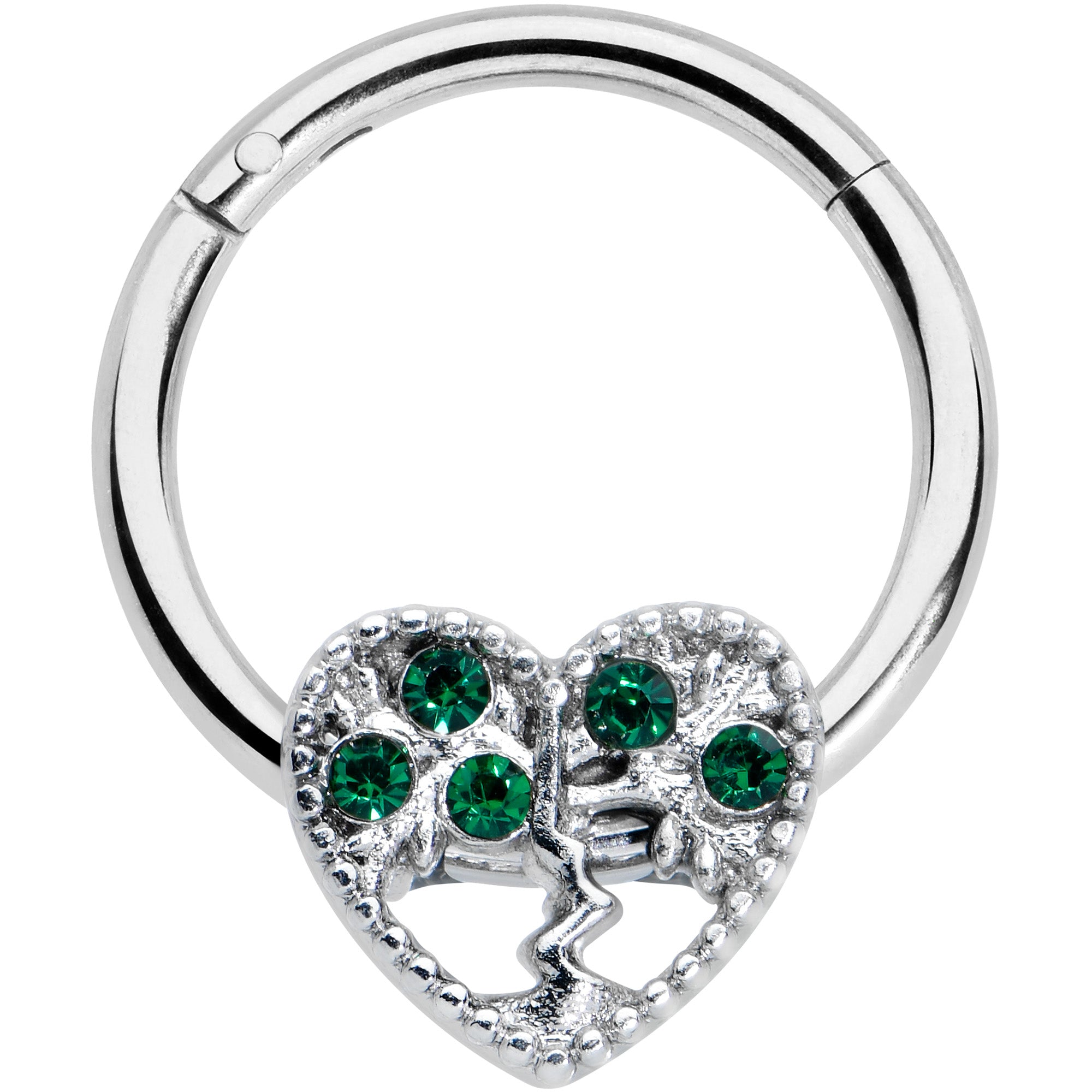 16G 3/8 Green Gem Heart Tree Valentine Hinged Segment Ring
