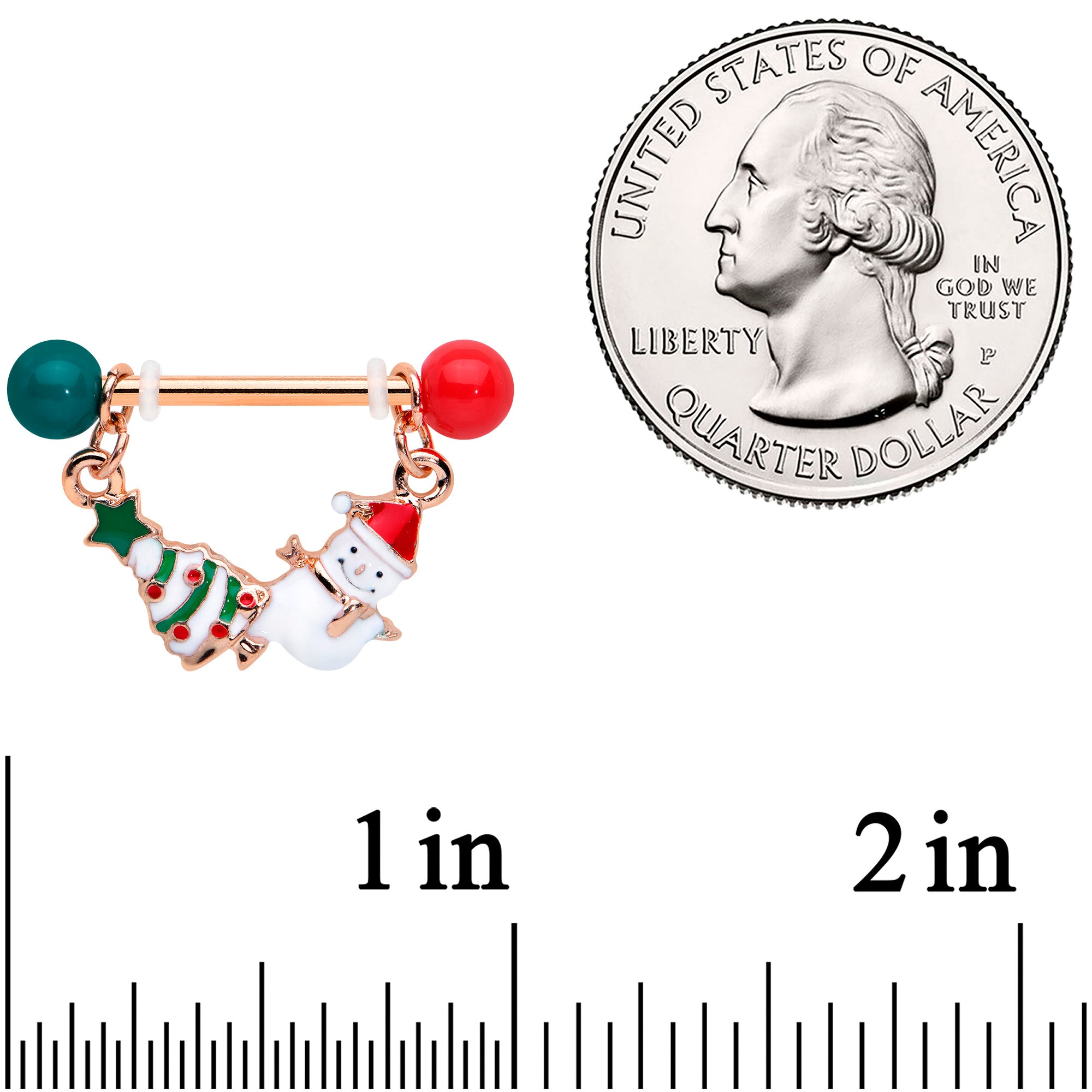 14G 1/2 Red Green Rose Gold Tone Christmas Tree Nipple Ring Set