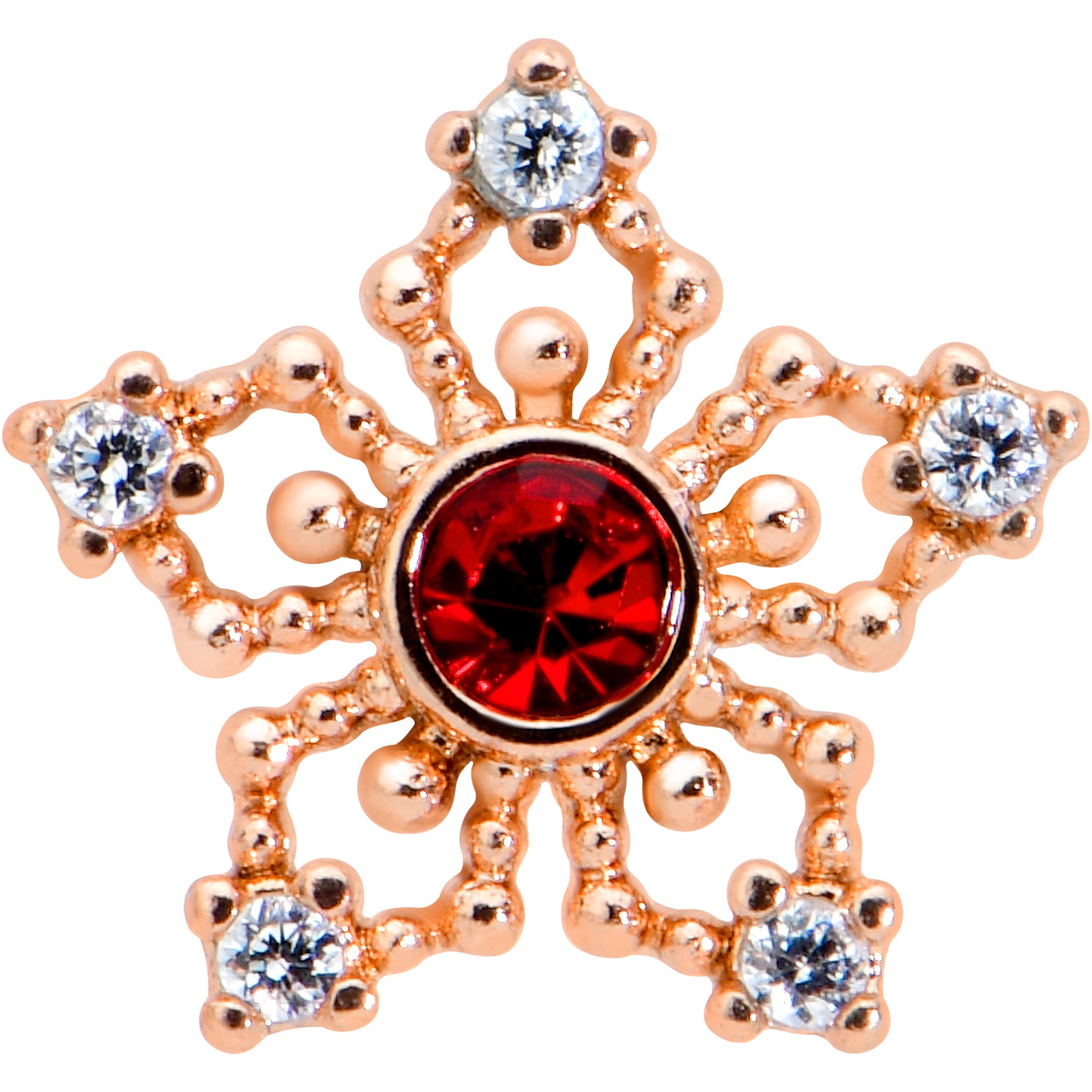 16G 5/16 Red Gem Rose Gold Tone Texture Snowflake Labret Tragus