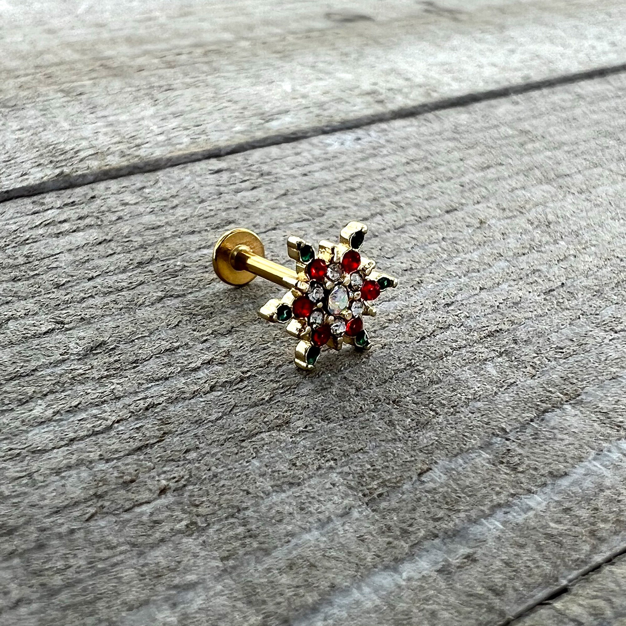 16G 5/16 Red Aurora Gem Gold Tone Xmas Star Holiday Labret Tragus