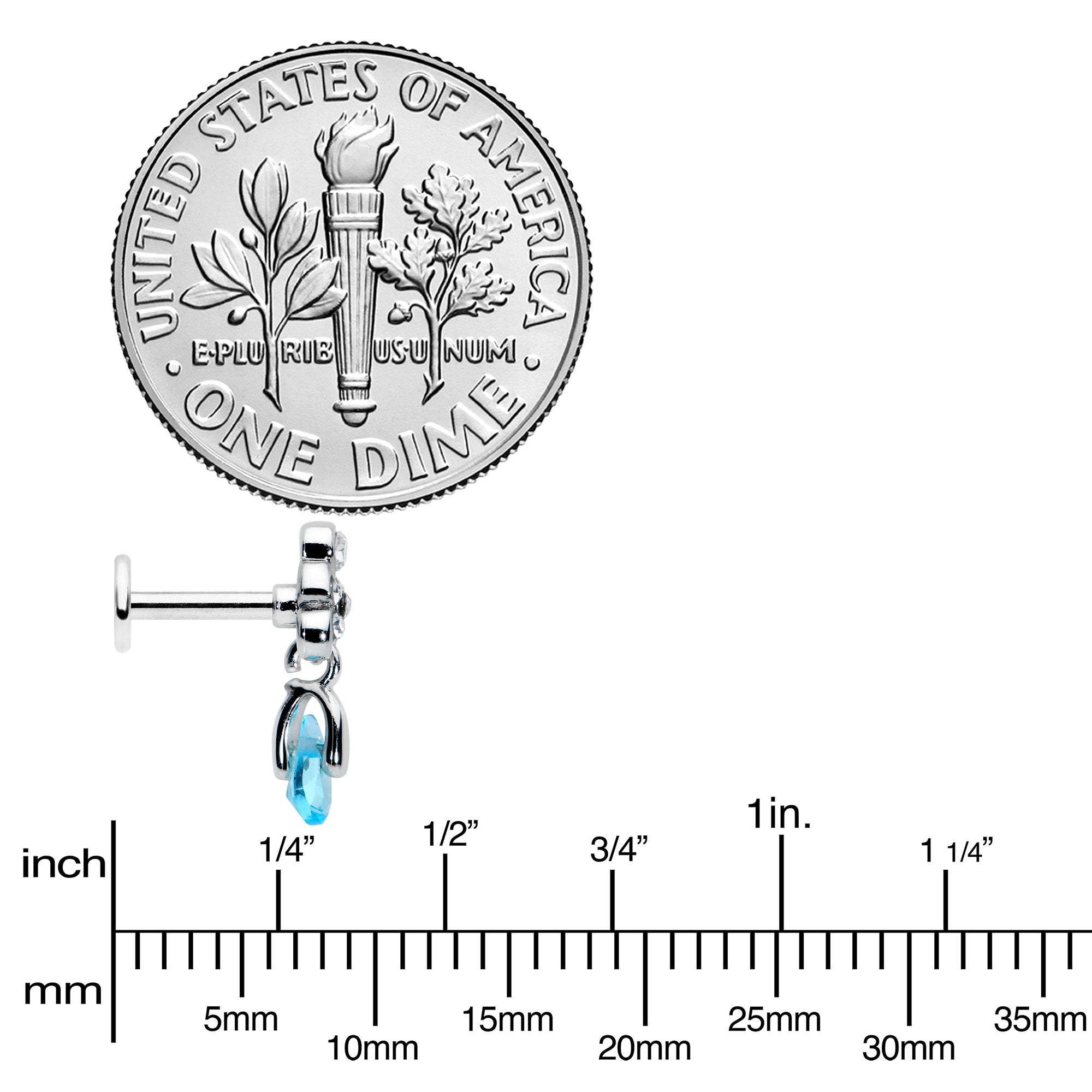 16G 1/4 Clear Blue Gem Scrolling Elegance Dangle Labret Tragus