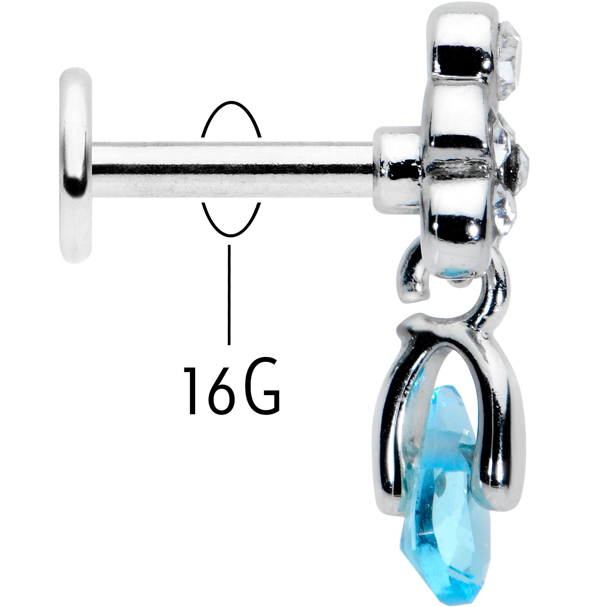 16G 1/4 Clear Blue Gem Scrolling Elegance Dangle Labret Tragus