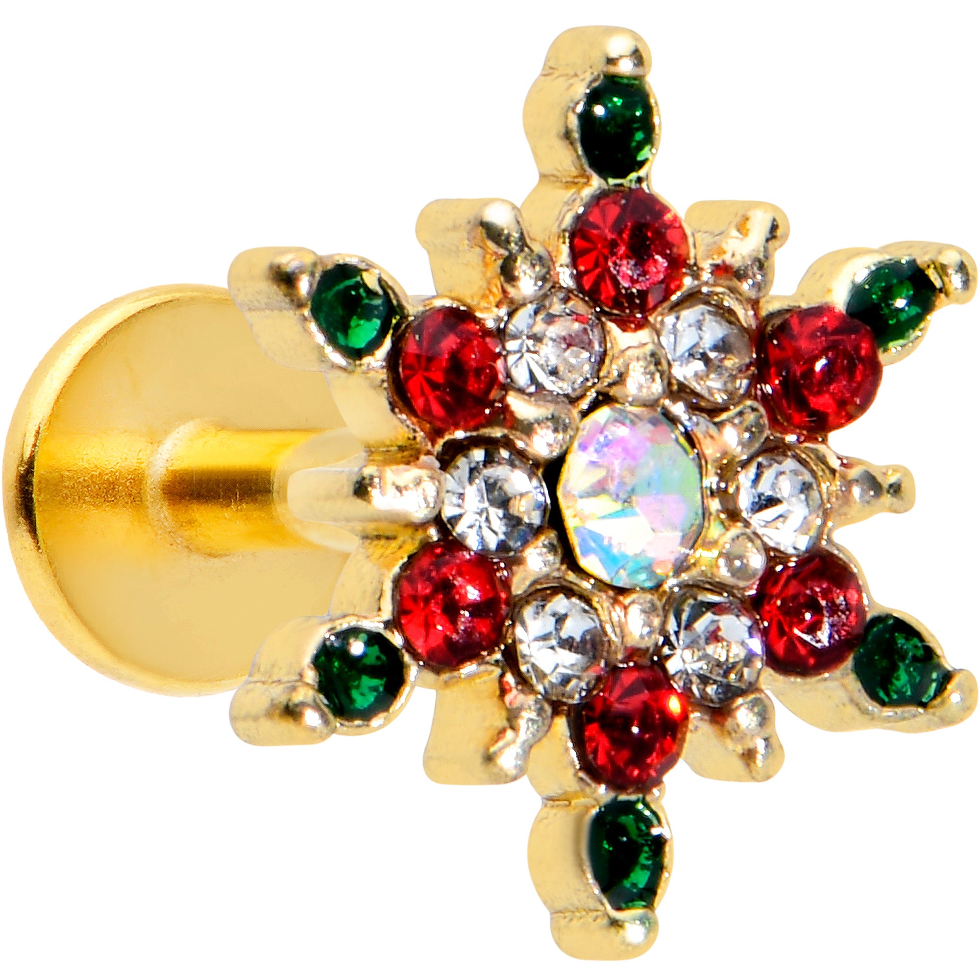 16G 1/4 Red Aurora Gem Gold Tone Christmas Star Labret Tragus