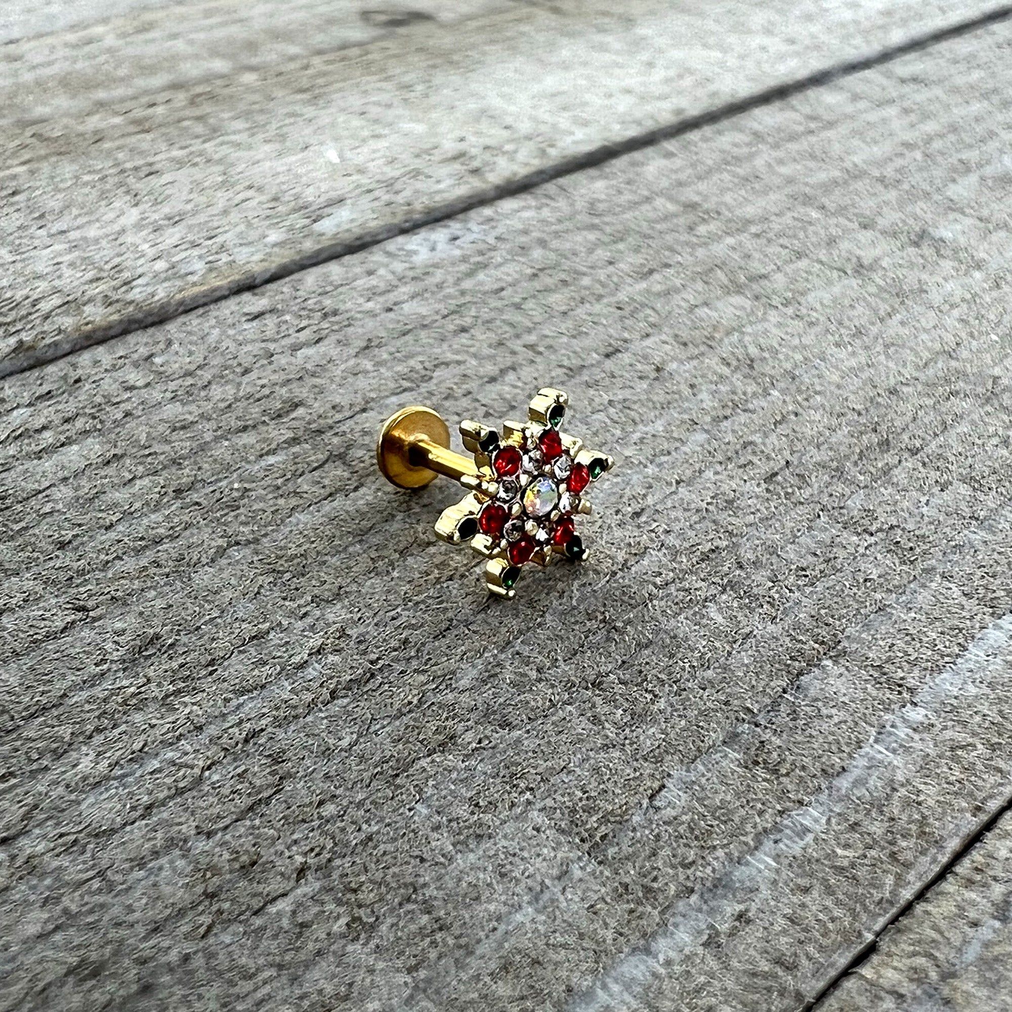 16G 1/4 Red Aurora Gem Gold Tone Christmas Star Labret Tragus