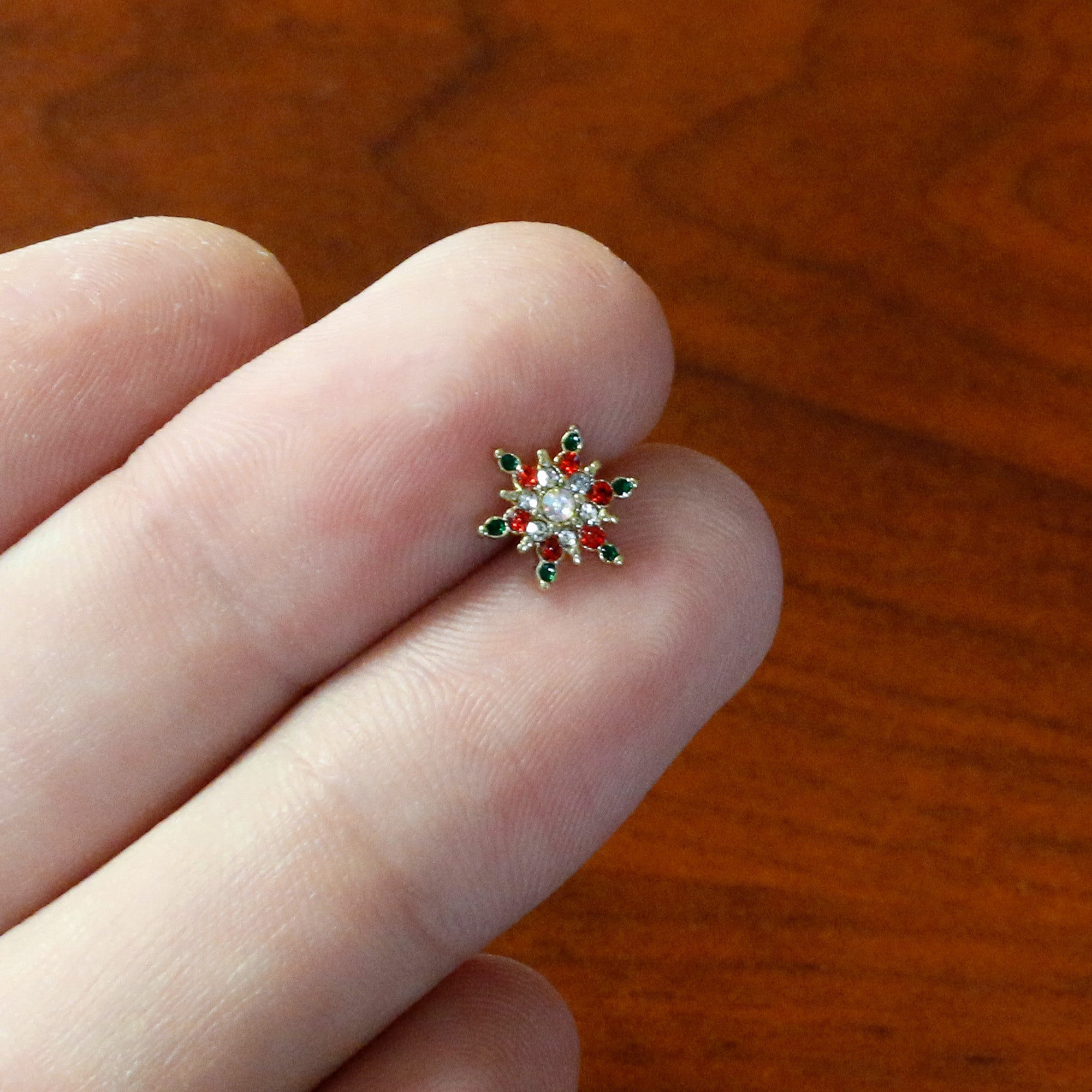 16G 1/4 Red Aurora Gem Gold Tone Christmas Star Labret Tragus