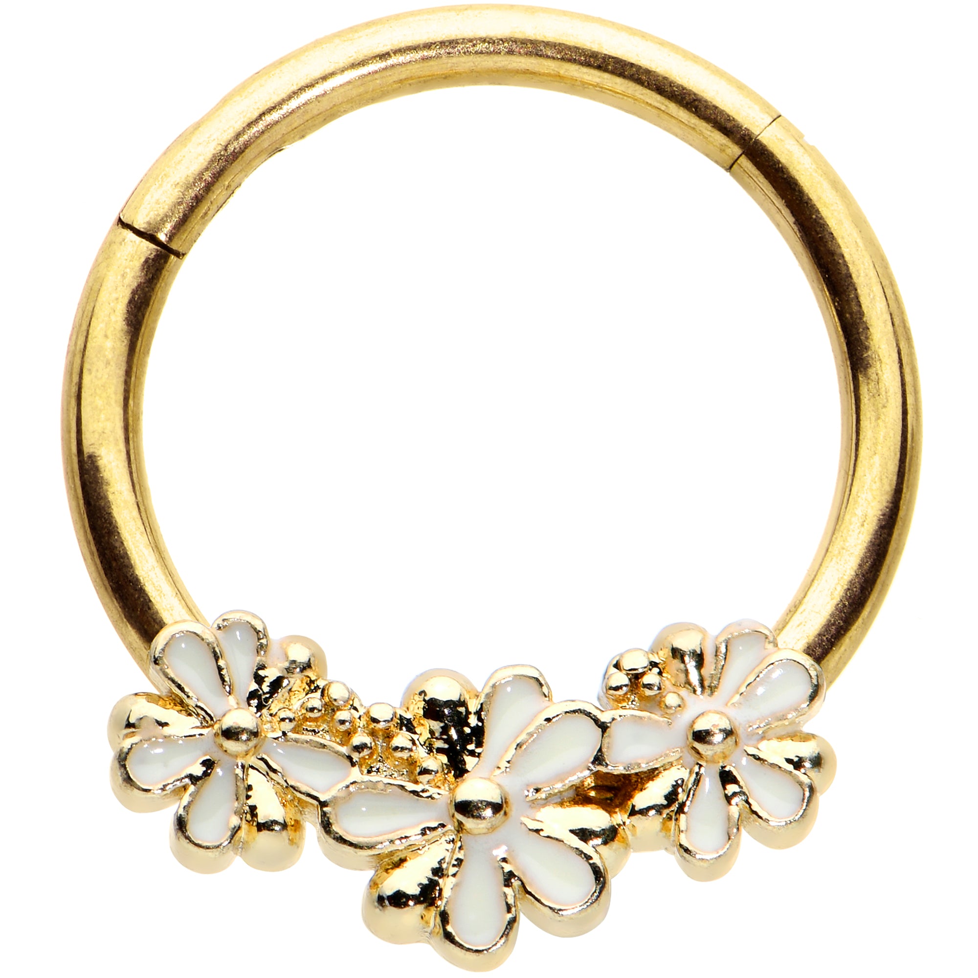 16G 3/8 Gold Tone White Texture Daisy Flower Hinged Segment Ring