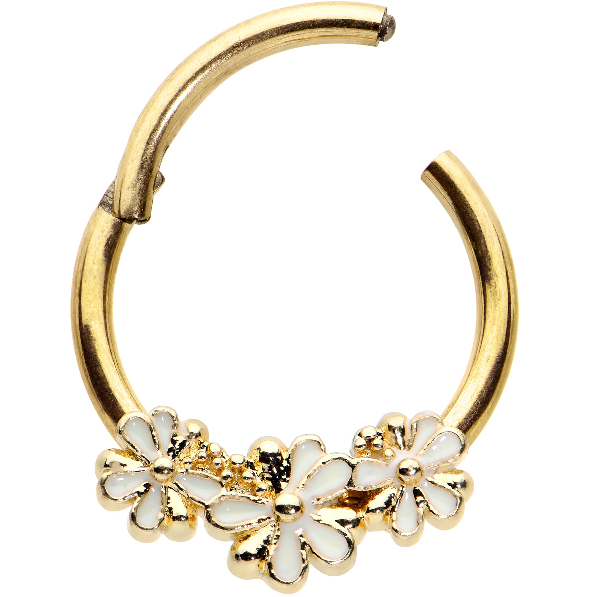 16G 3/8 Gold Tone White Texture Daisy Flower Hinged Segment Ring