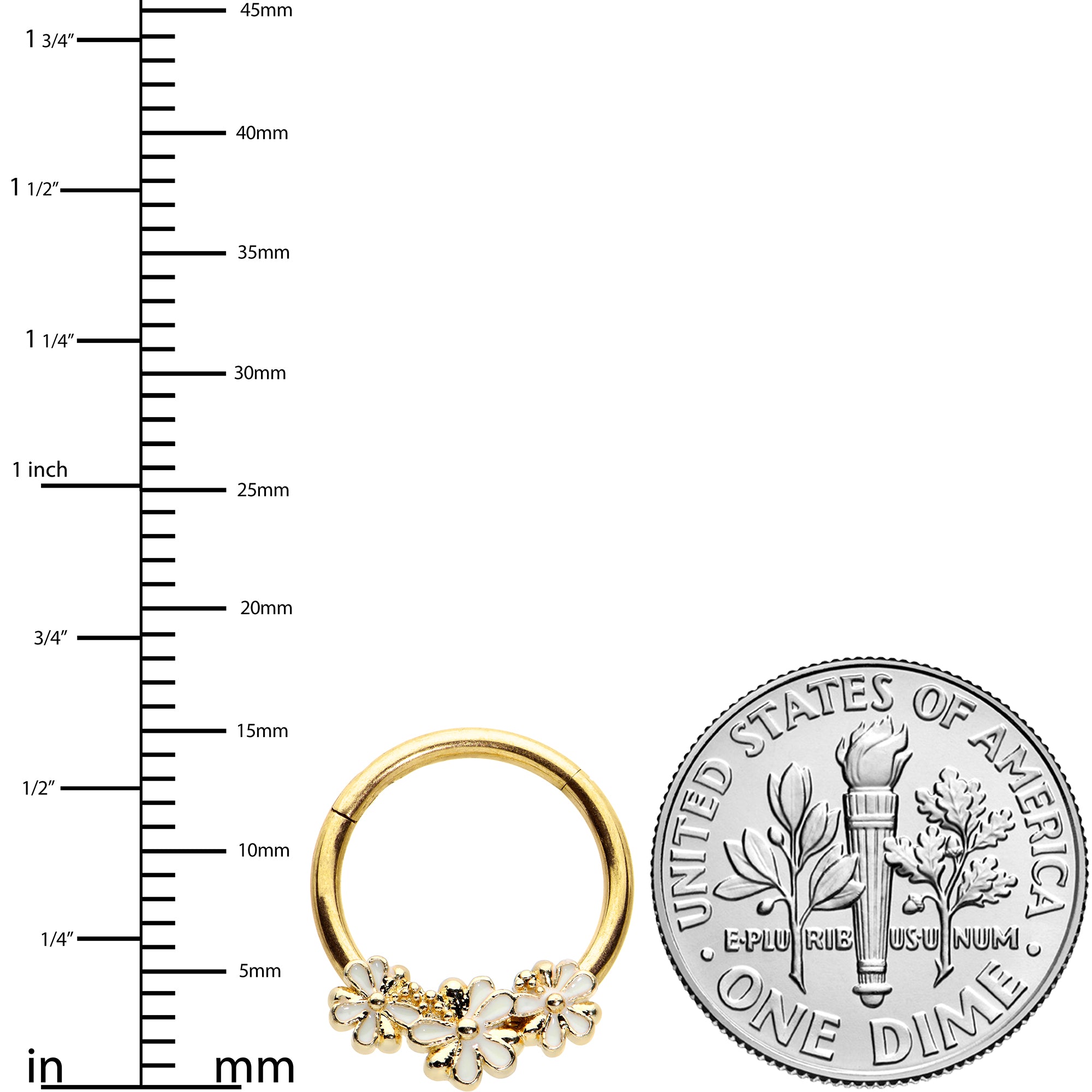 16G 3/8 Gold Tone White Texture Daisy Flower Hinged Segment Ring